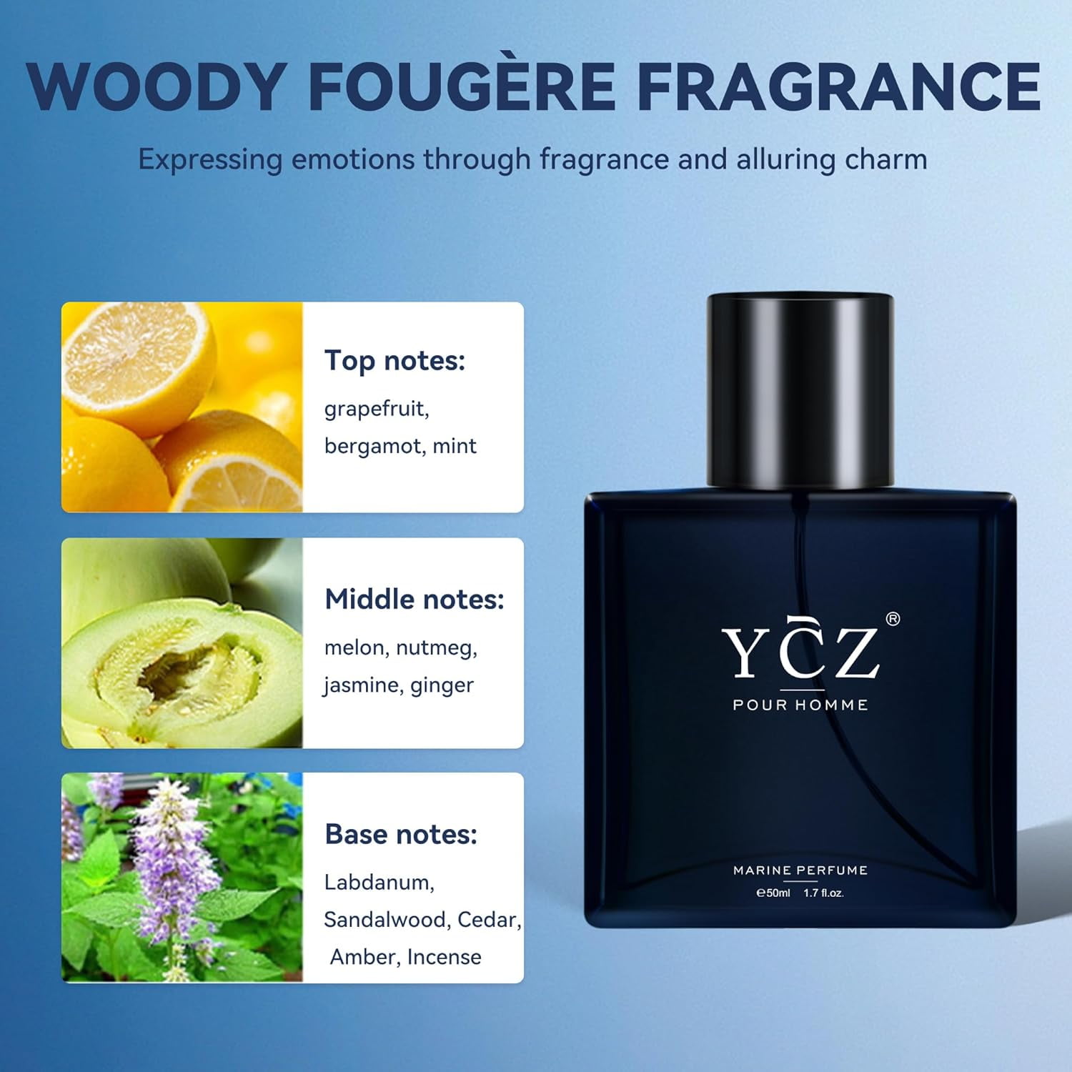 Ycz Charm Unfolds Marine Eau De Parfum for Men, Long-Lasting Oriental Woody Fragrance (1.7 oz) iewka