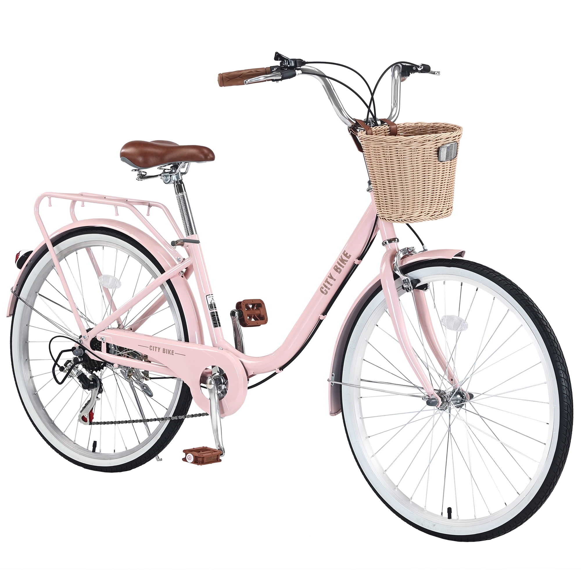 Ambifirner Women's Commuter Cruiser Bike, 7-Speed City Bicycle with Shock-Absorbing Tires (Pink, 26 in) gq9wc