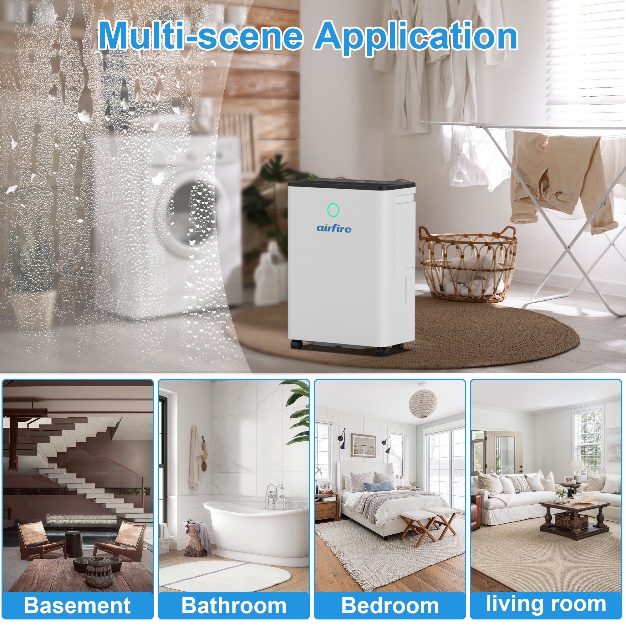 AIRFIRE Dehumidifier for Home and Basement, Efficient Moisture Removal with Drain Hose and Humidity Sensor (19 Pint, 0.66 gal) 93ye1