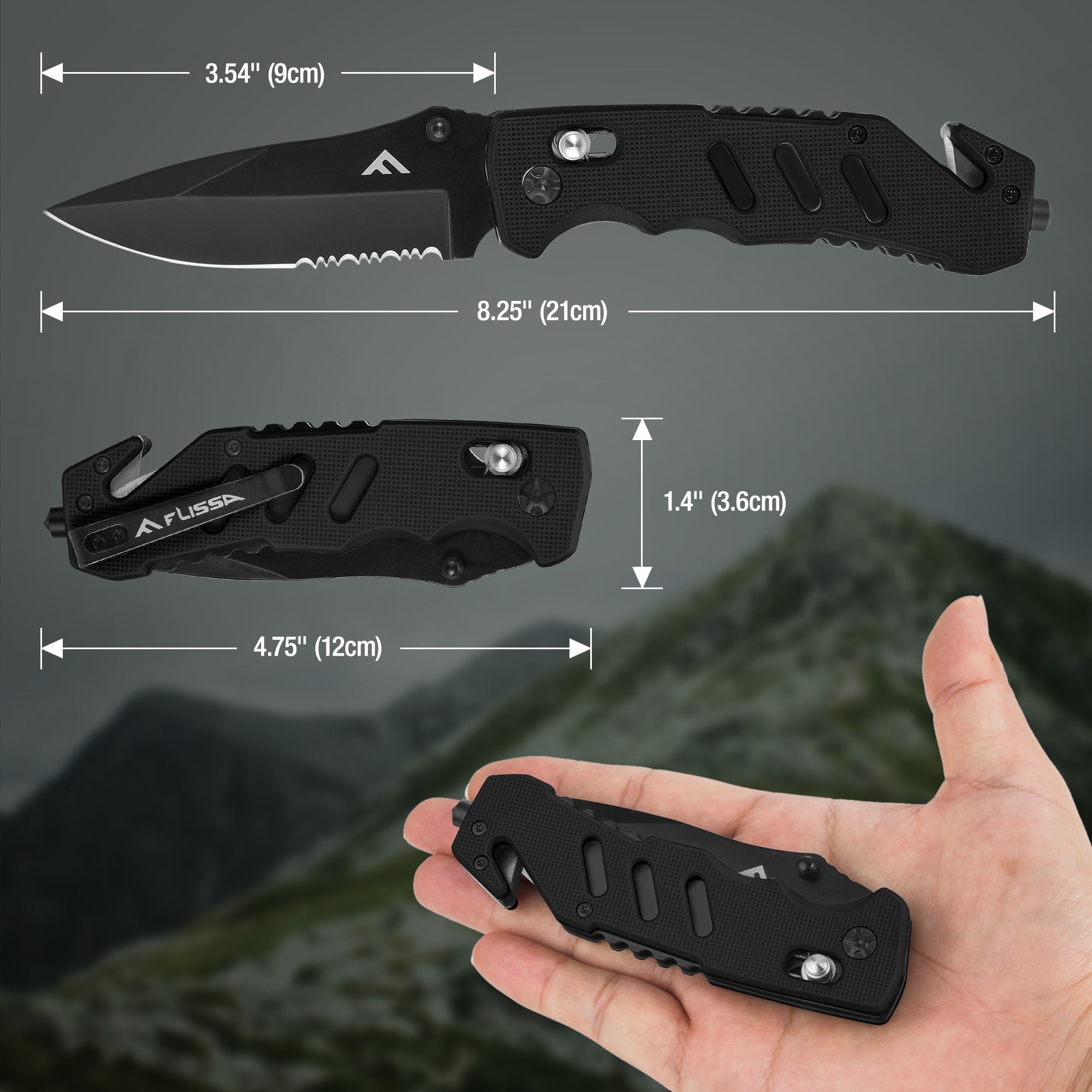 FLISSA Folding Pocket Knife with Glass Breaker and Seatbelt Cutter (Black, 3.5 in) ncwqy
