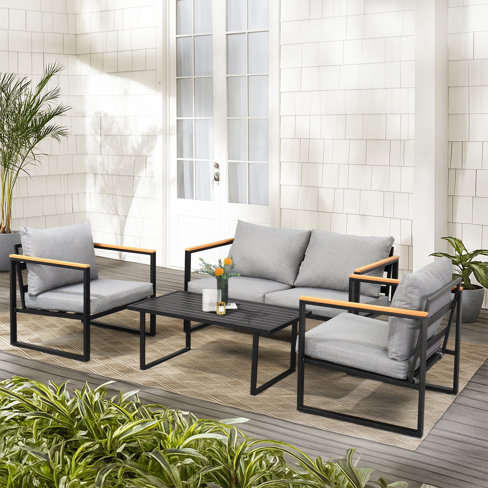 Zimtown 4-Piece Outdoor Patio Conversation Set, Weather-Resistant Metal Furniture with Cushions (Gray, 4-Piece) 418ih