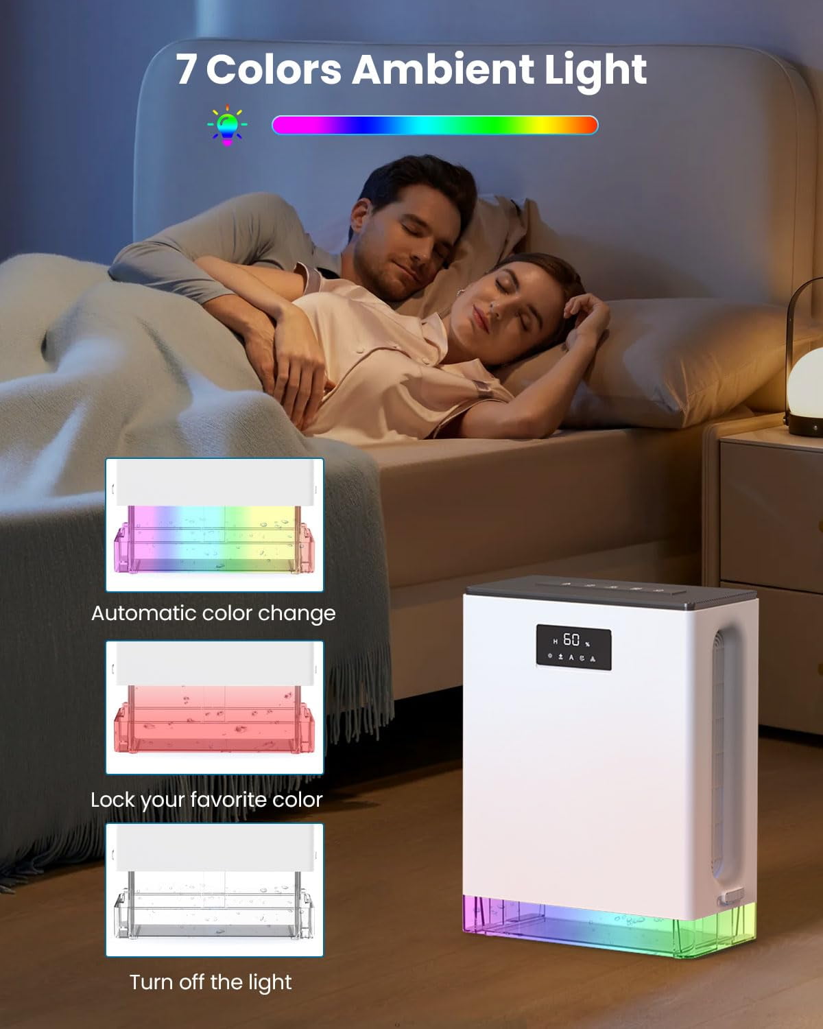 BIZEWO Electric Dehumidifier for Home and Basement (Quiet Operation, 7-Color LED Light, 101 oz Tank) plmce