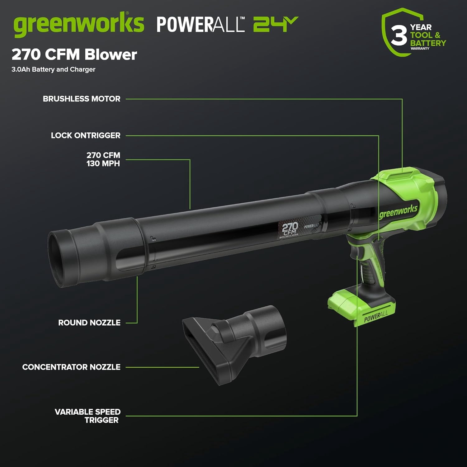 Greenworks 24V Brushless Compact Leaf Blower, High-Performance Yard Cleanup Tool (Green, 3.0Ah Battery and GaN Charger Included) oviqn