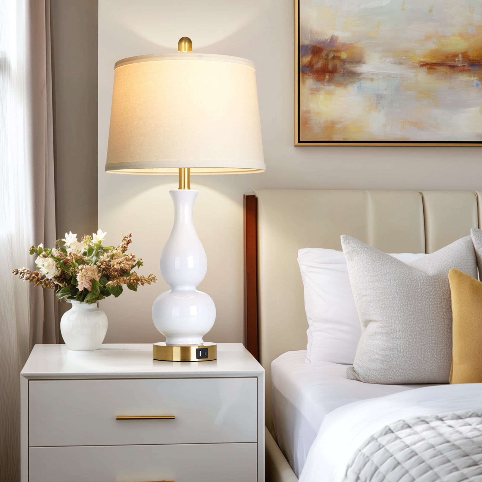 Lolikit Modern Ceramic Table Lamp Set (2-Pack, 27 in, White, USB Charging Ports) j5xuv