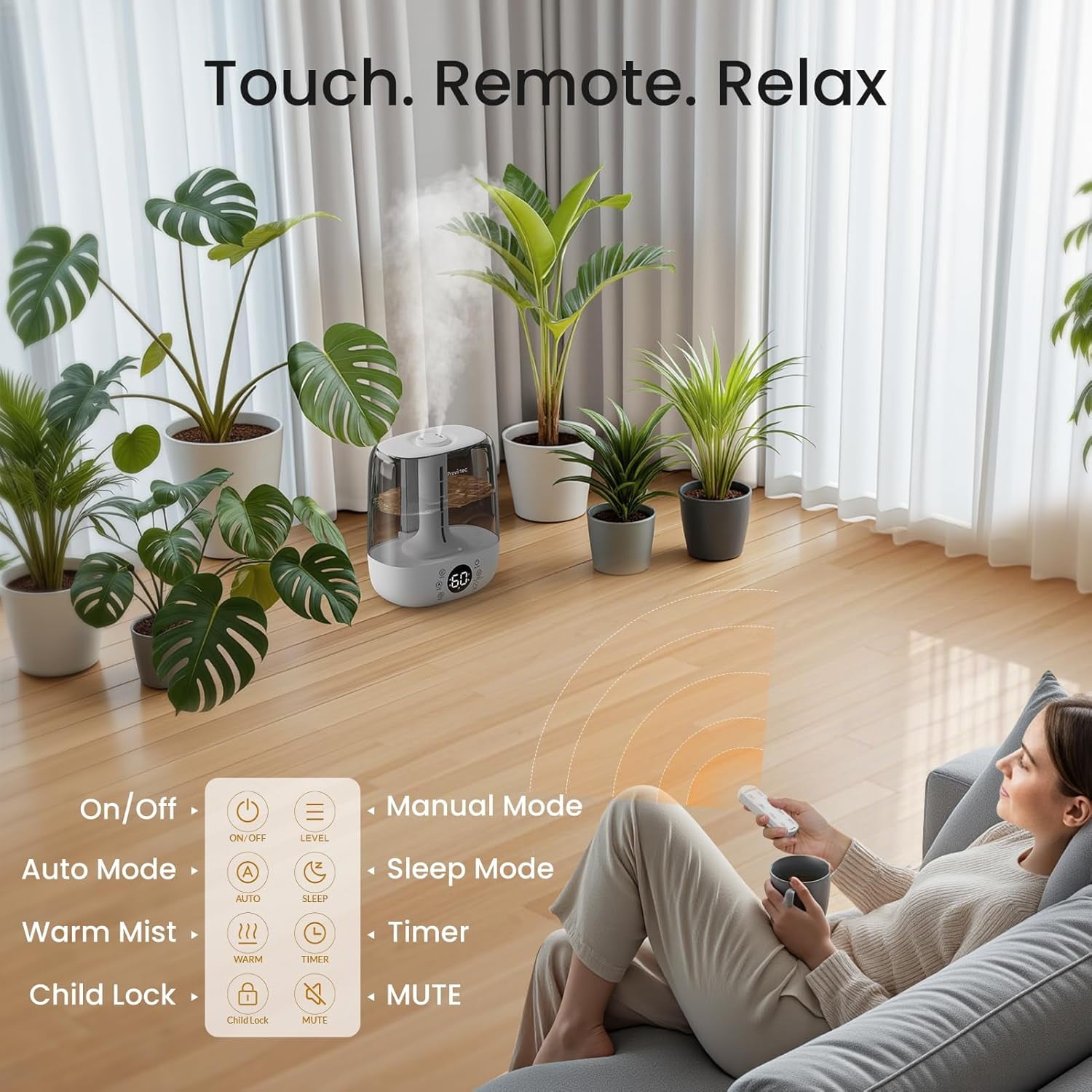 Provirtec Ultrasonic Humidifier for Large Rooms, Warm & Cool Mist, Top Fill, Remote Control (White, 6L) aeos1