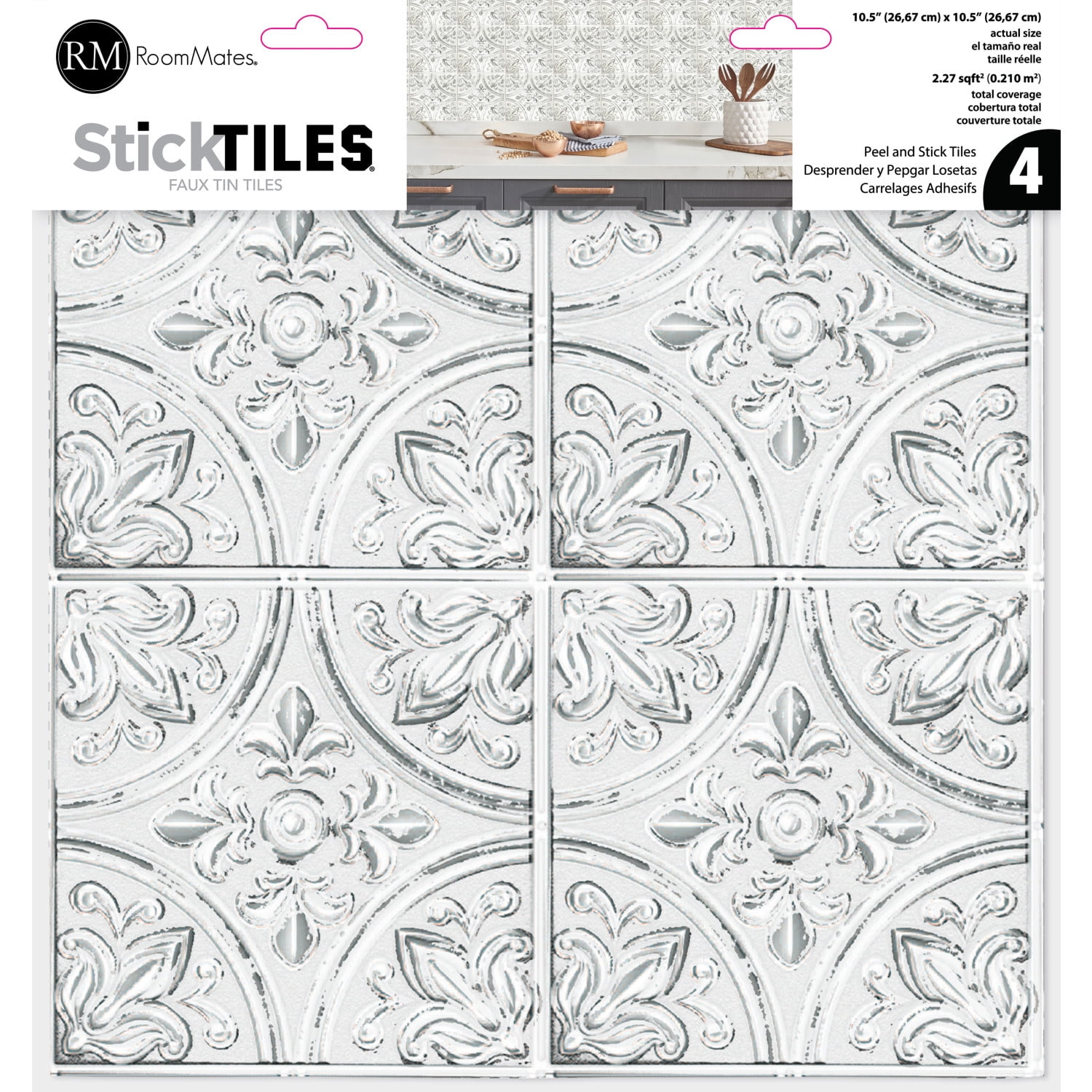 RoomMates Tin Peel & Stick Backsplash Tiles (White, 4 Pack, 10.5 in x 10.5 in) thvgw