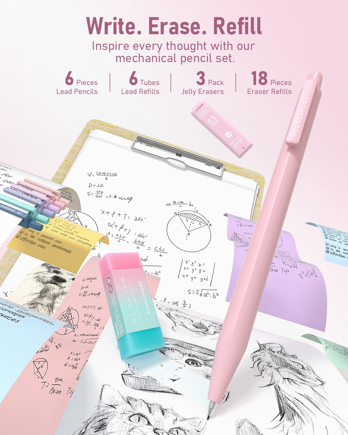 Four Candies Aesthetic Stationery Set with Pencil Case, Pastel Highlighters, Gel Pens, and Mechanical Pencils (Pink, 39 Piece Set) e4ql3