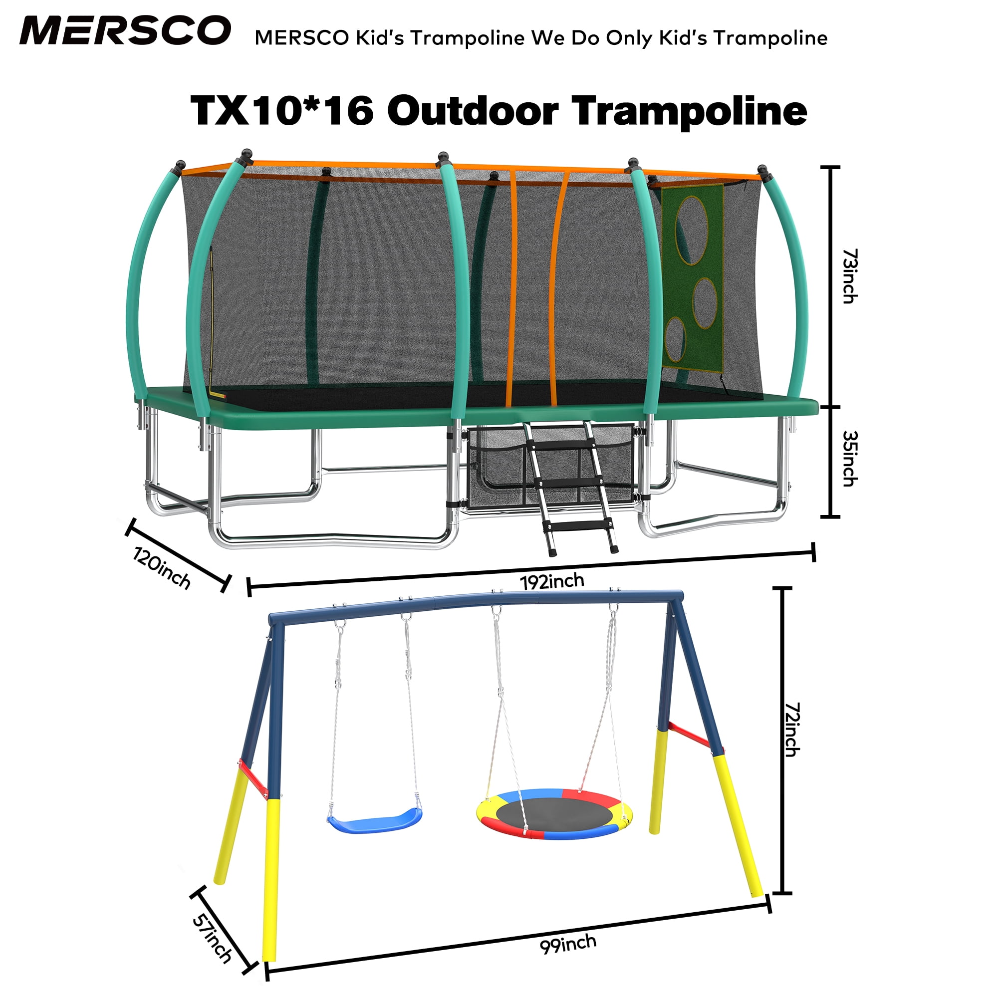 Mersco 4-in-1 Rectangular Trampoline with Swing Set and Enclosure Net (Green, 10 ft x 16 ft) 5k7pn