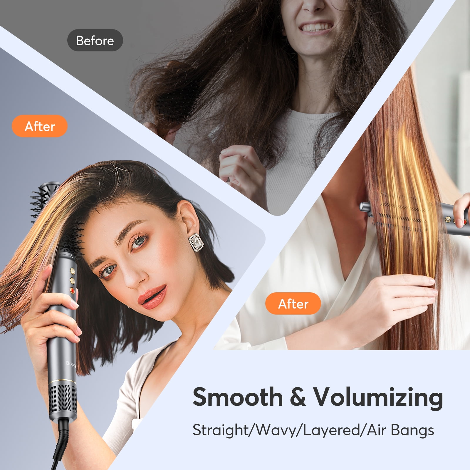 Bopcal 5-in-1 Ionic Hair Dryer and Styler Brush, Professional High-Speed Blowout Tool with Auto-Curling (Gray) j8jil