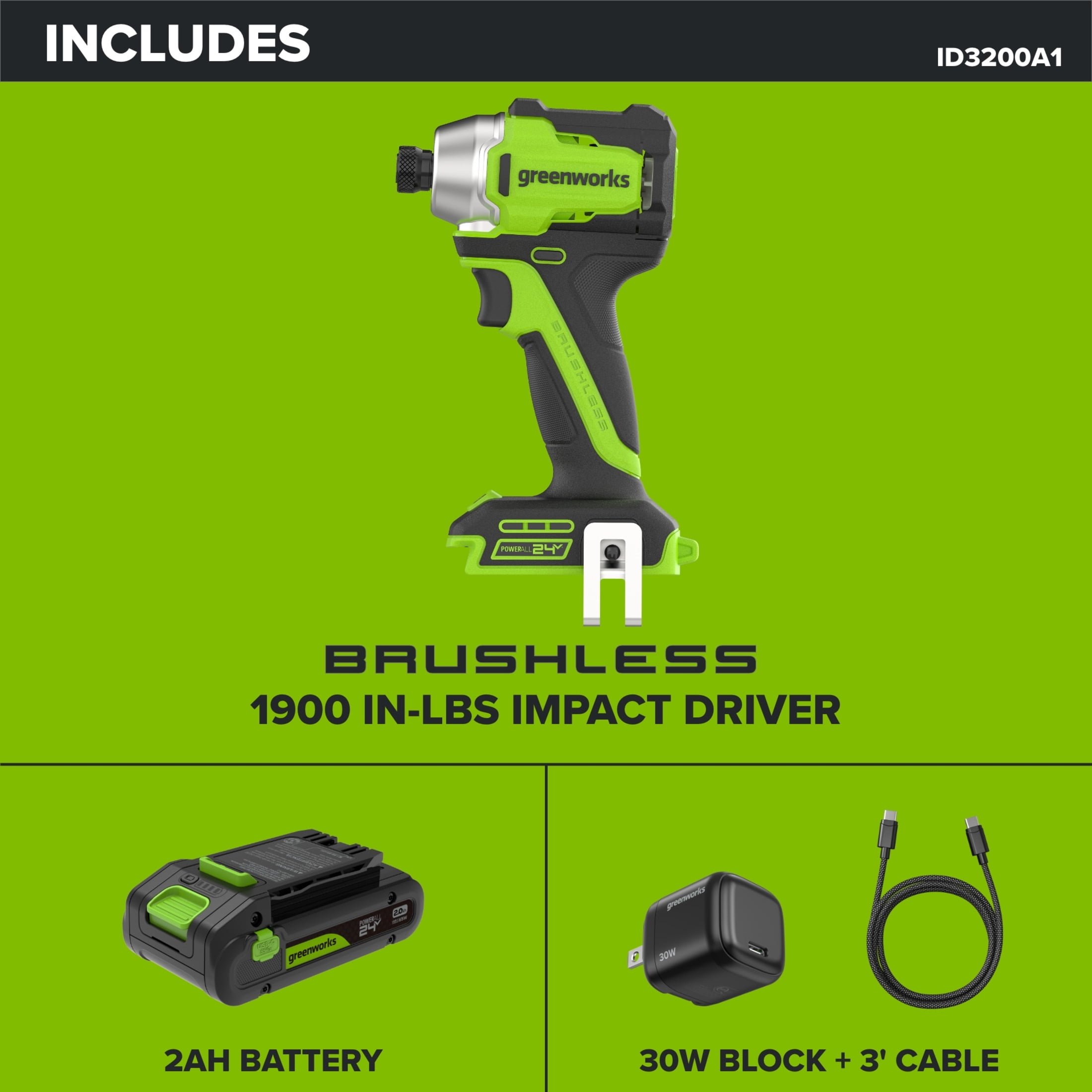Greenworks PowerAll 24V Brushless Impact Driver Kit with 2.0 Ah USB-C Battery and Charger (Green, 4.7 in) a0xpd