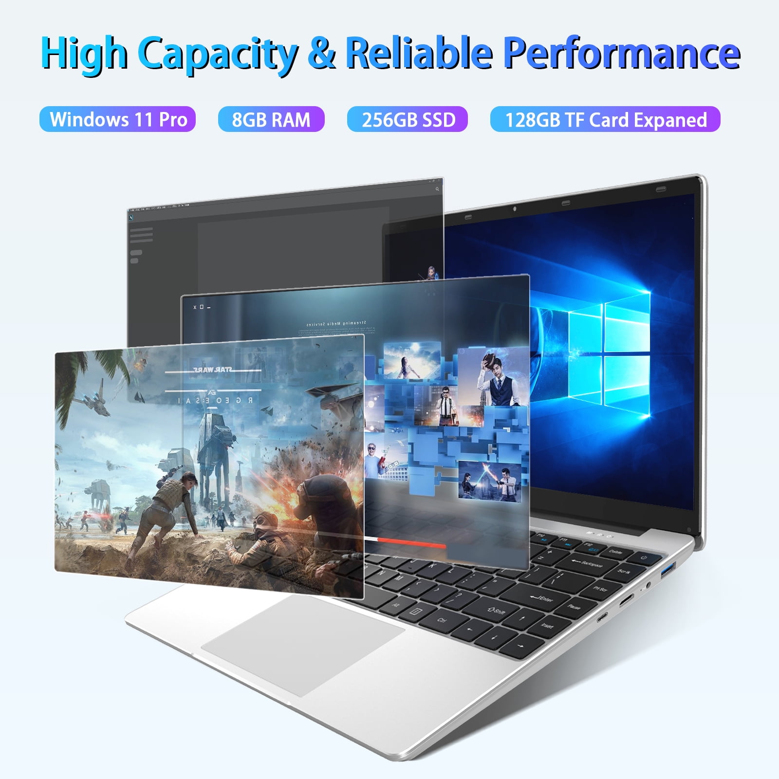 TEMLICOLO 15.6 in Laptop Windows 11 Pro Intel Celeron 8GB RAM 256GB SSD Full HD IPS Display (Silver, 15.6 in) 97p24