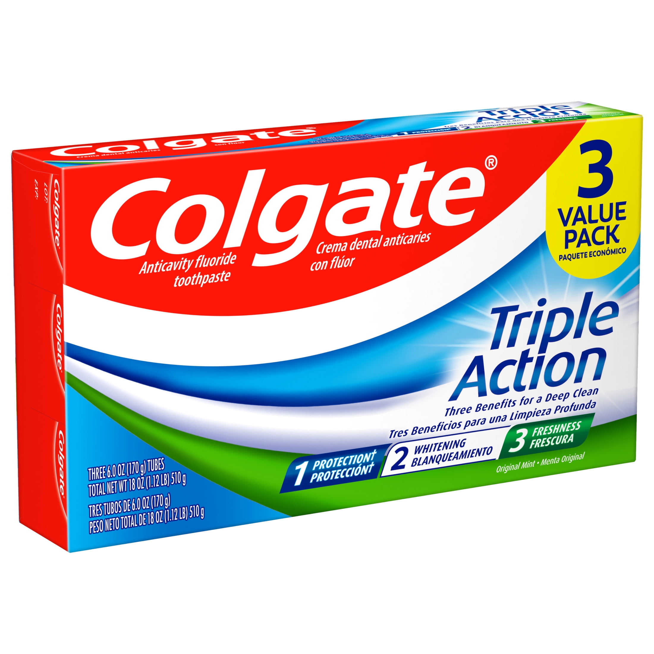 Colgate Triple Action Toothpaste, Cavity Protection and Whitening, Original Mint (6 oz, 3 Pack) o9via