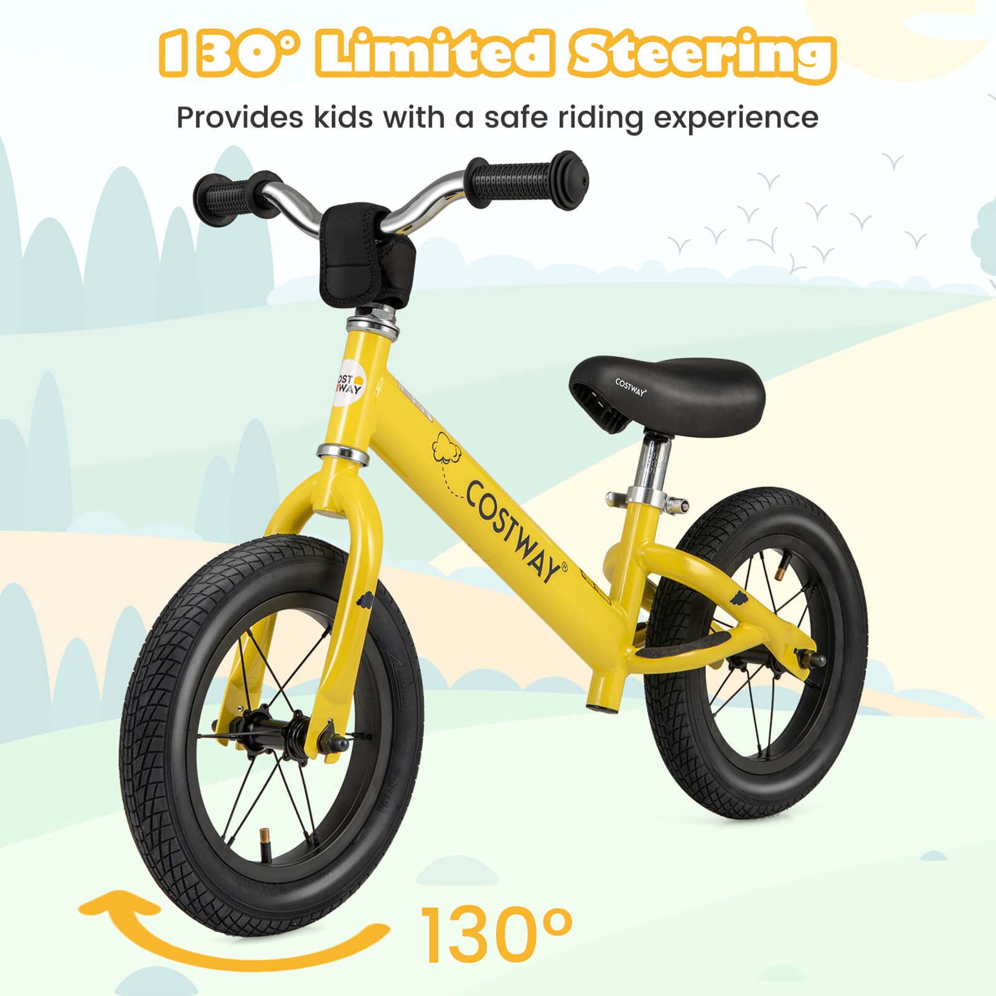 Costway Toddler Balance Bike No Pedal Training Bicycle with Inflatable Rubber Tires (Yellow, 12 in) dd9y5