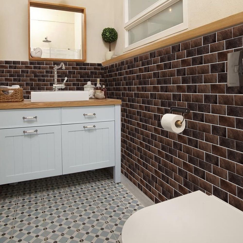 FUDAKUNA Peel and Stick Wall Tiles Waterproof Vinyl Mosaic Backsplash Decals (Brown, 6 Pieces, 11.8 x 5.9 in) e5jqn