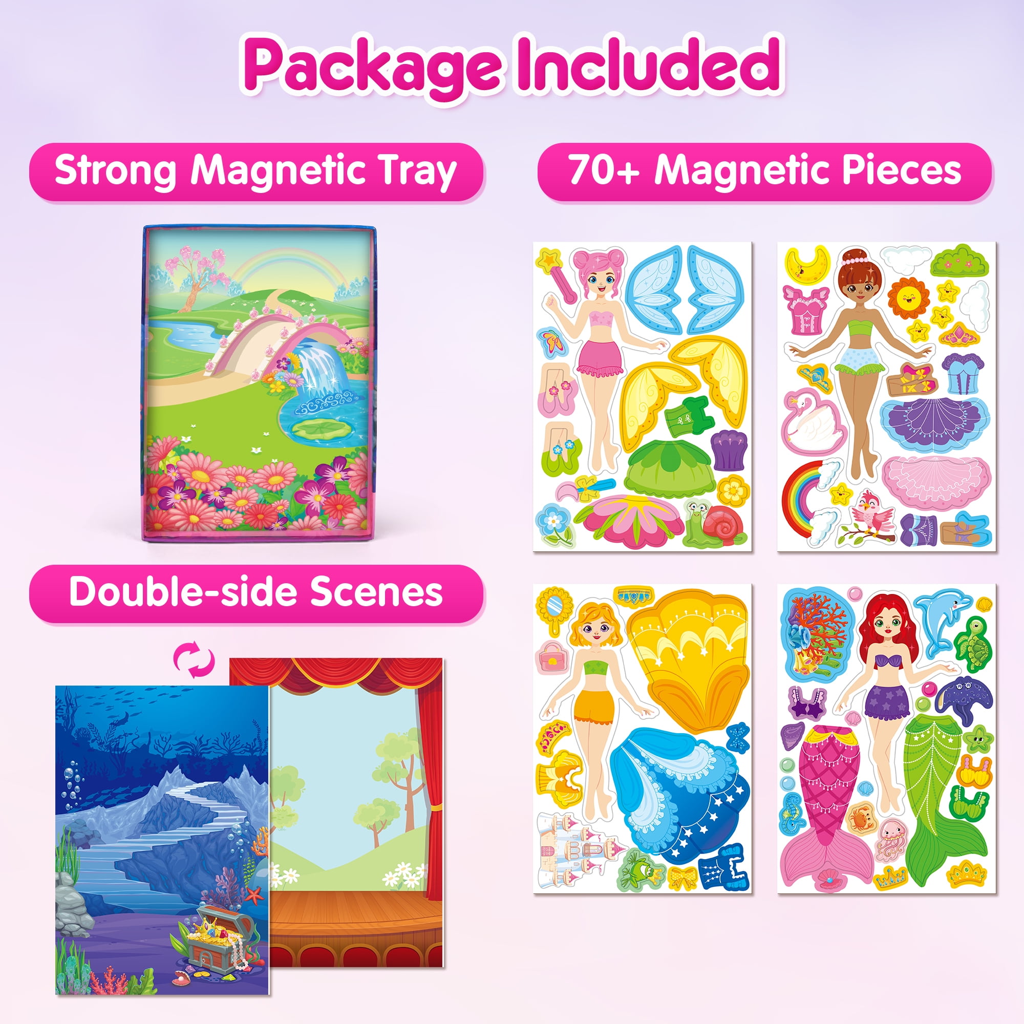 Mocoosy Magnetic Dress Up Dolls Set, Princess Mermaid Fairy Ballerina Pretend Play Kit (Multi-Color, 6.3 in x 8.6 in) 22gds