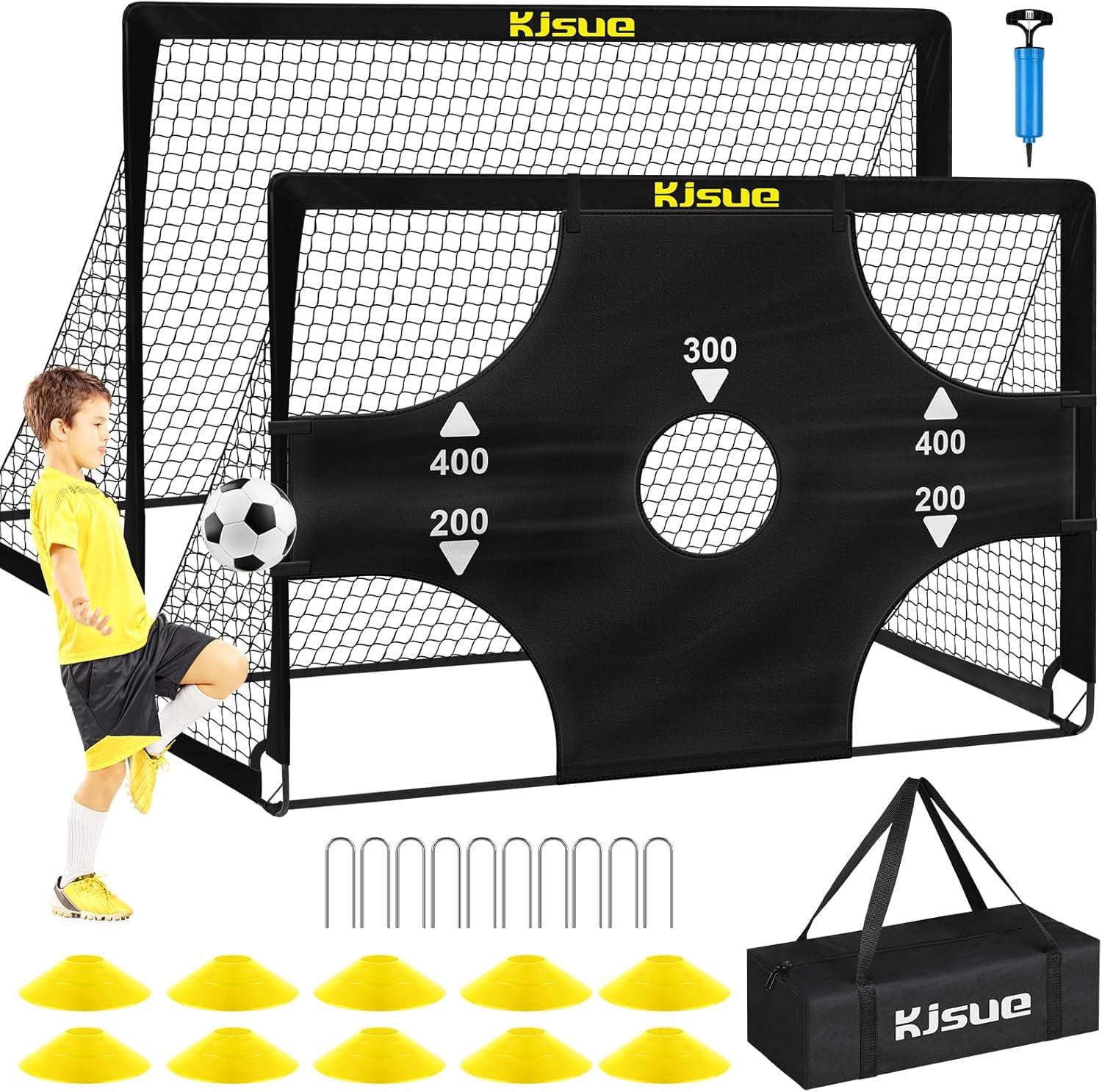 KJSUE Kids Soccer Goal Set, Portable Pop Up Soccer Nets with Target, Ball, Cones, and Carrying Bag (6 ft x 4 ft, 2-Pack) i6vd5