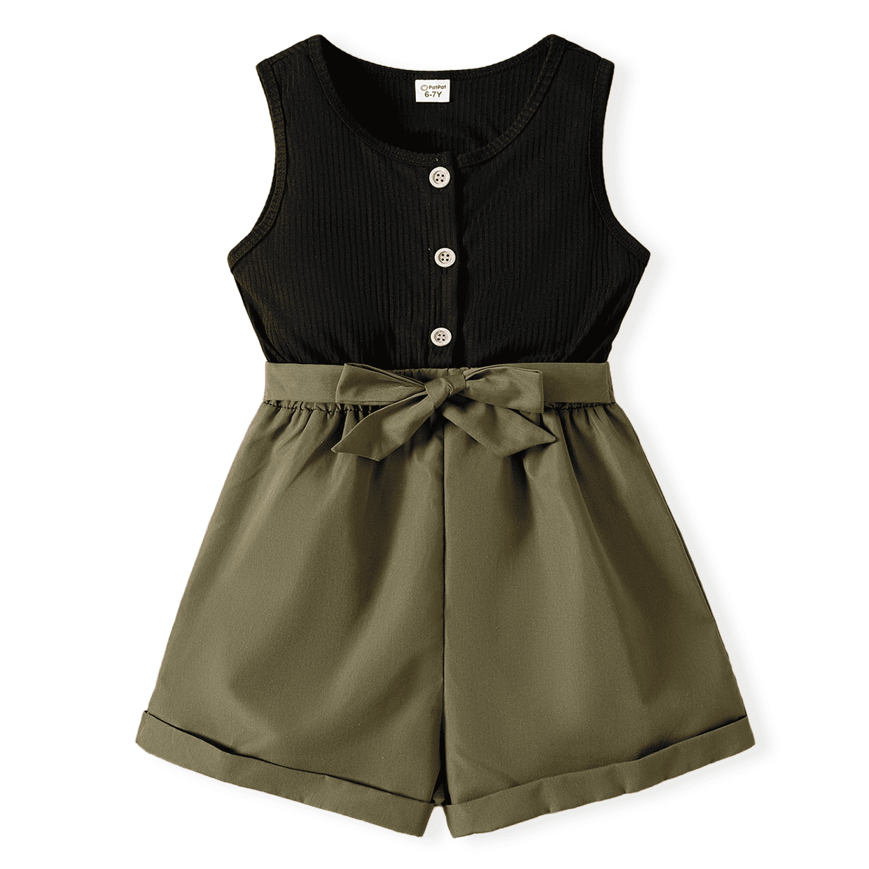 PatPat Kid Girl Summer Romper Jumpsuit Sleeveless Button Belted Outfit (Green, 5T) igduf