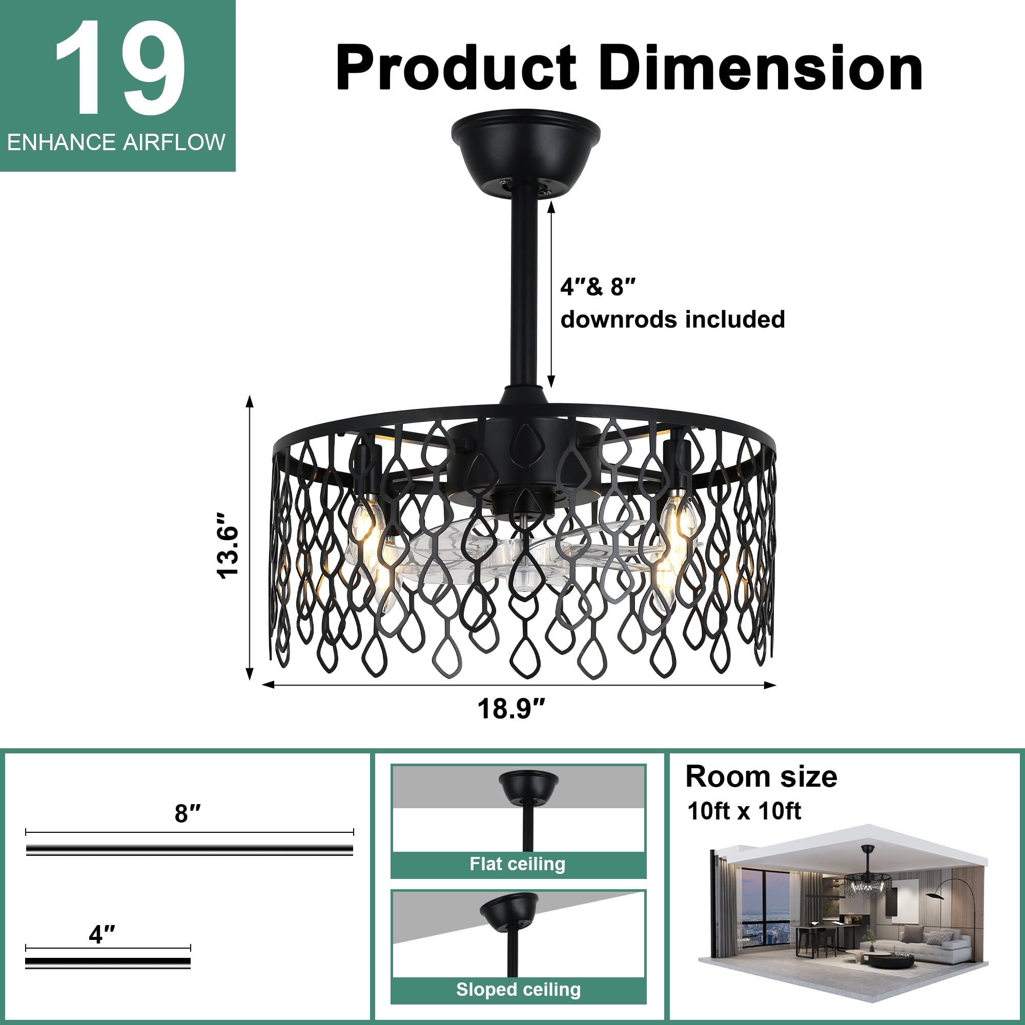 Cusp Barn Industrial Bladeless Caged Ceiling Fan with Light and Remote Control (Black, 19 in) qt5eq