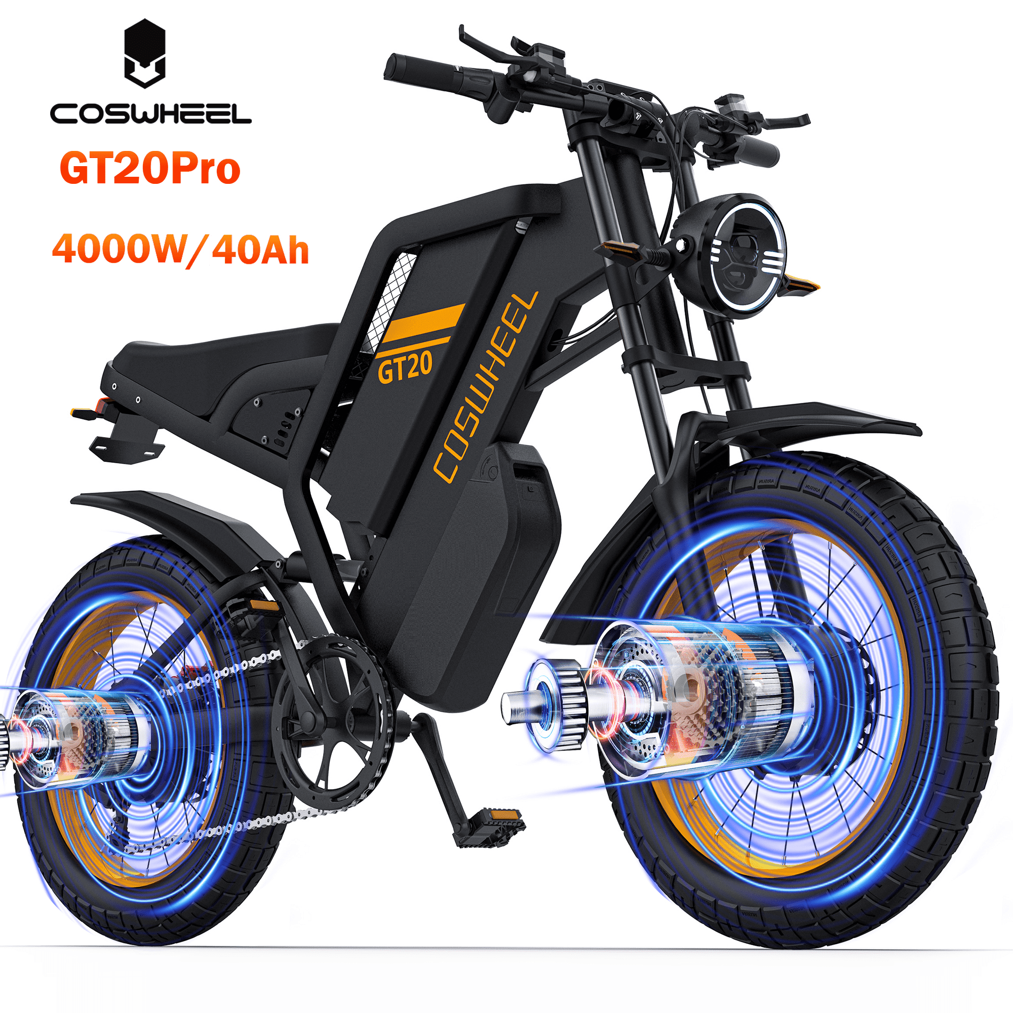 Coswheel GT20 Pro Electric Dirt Bike, 4000W Dual Motor Off-Road E-Bike, Full Suspension, 48V 40Ah Battery, 20 in x 4 in Fat Tires (Black, One Size) gr5iu