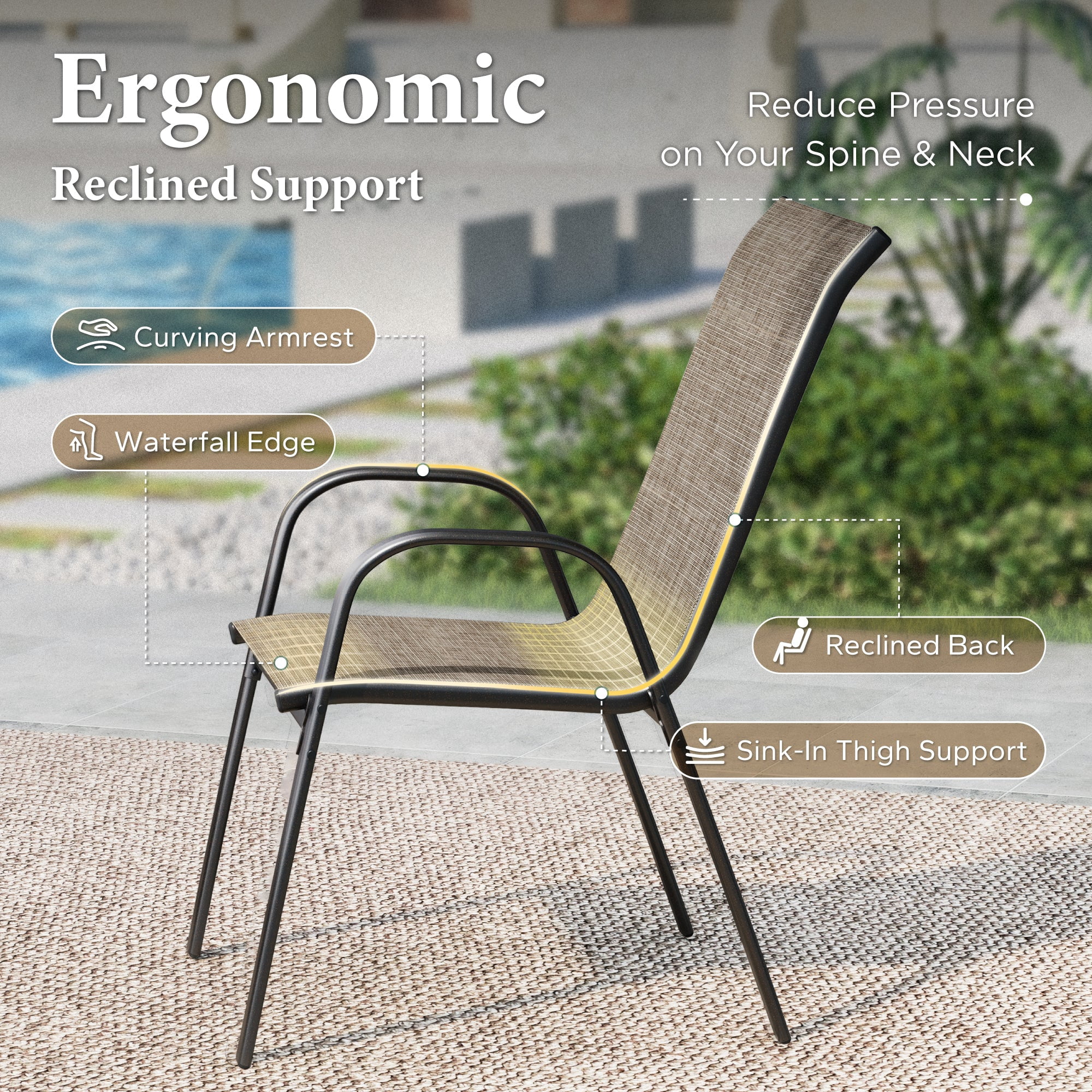 Summit Living 5-Piece Outdoor Patio Dining Set, Stackable Textilene Chairs and Metal Square Table with Marble Tabletop (Black, 350 lb Capacity) 51psz