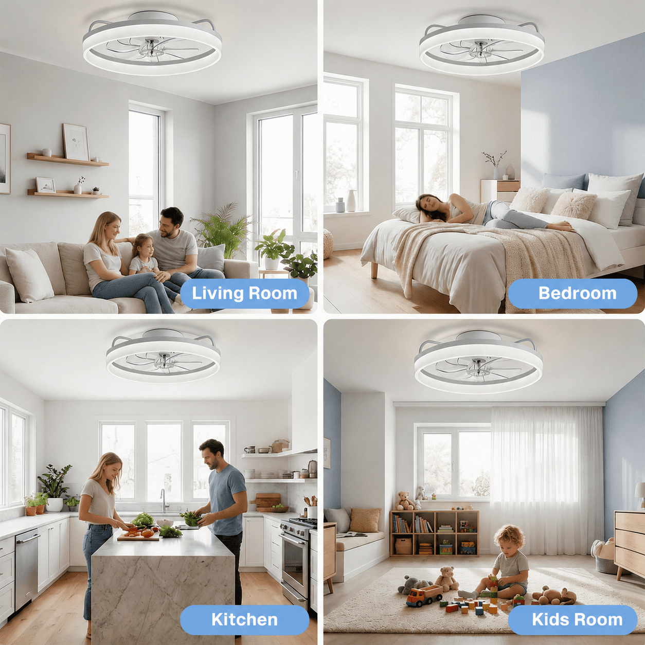 Behome 20 in Low Profile Ceiling Fan with LED Light, Remote & APP Control, Flush Mount, 6-Speed Reversible Motor (White, 20 in) ws3s3