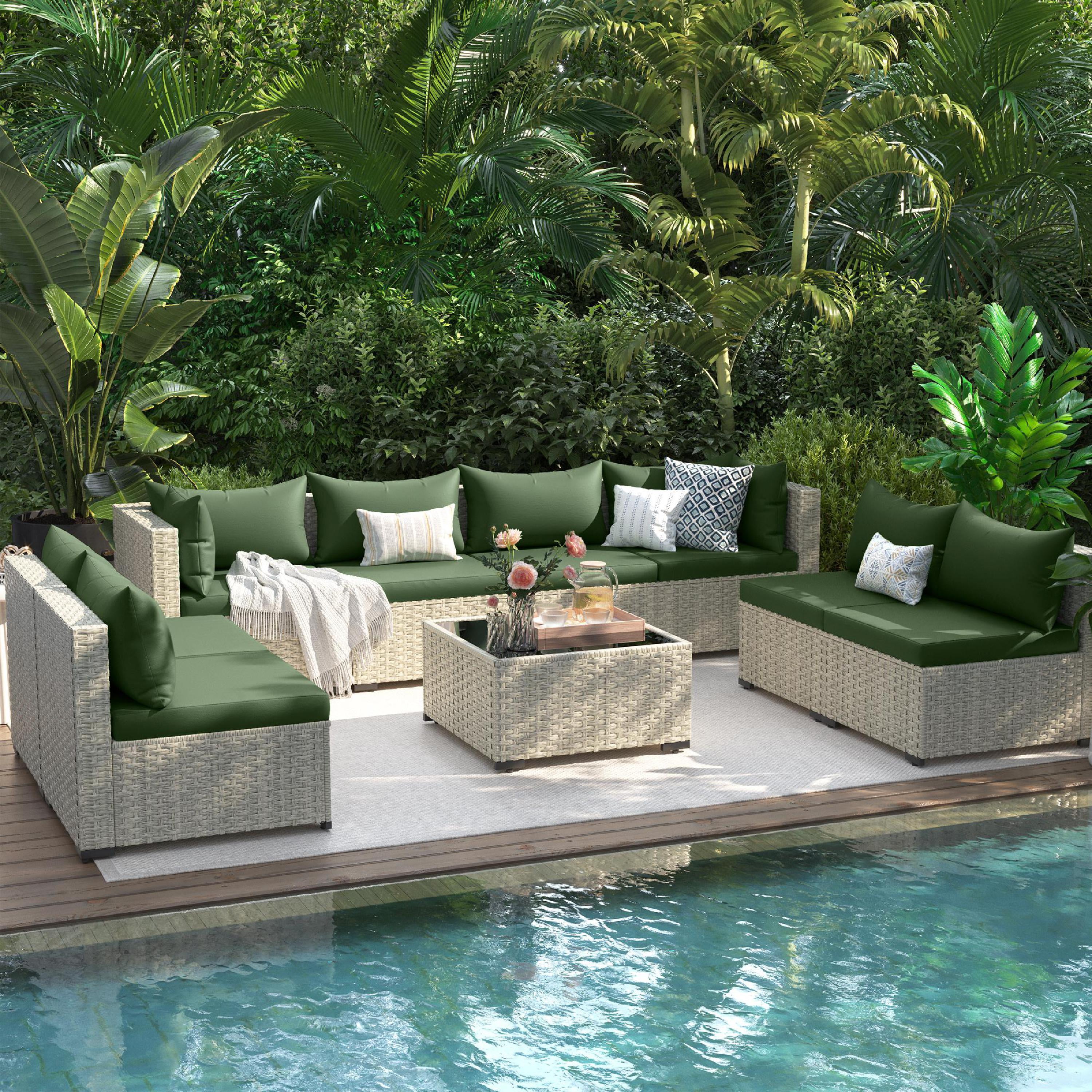 UDPATIO 9-Piece Outdoor Wicker Patio Furniture Set with Cushions, Weather-Resistant Conversation Set for Backyard and Garden (Green) y8tz6