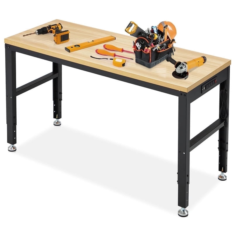 AHB Heavy Duty Adjustable Wood Workbench, Ergonomic Height-Adjustable Work Table with Steel Frame (Brown, 60 in x 24 in) 7z8x2