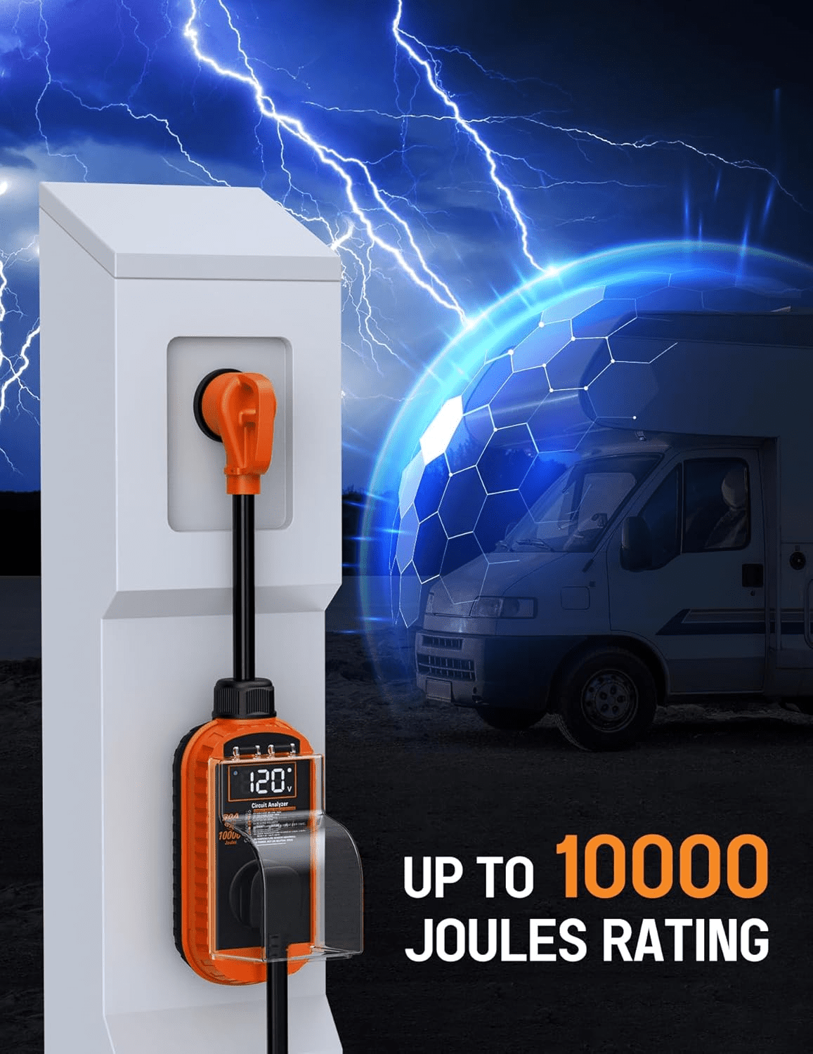 Mpow 30 Amp RV Surge Protector, 10,000J Smart Circuit Analyzer with LED Display & Auto Shutoff (Orange, 30 Amp) 5b85g