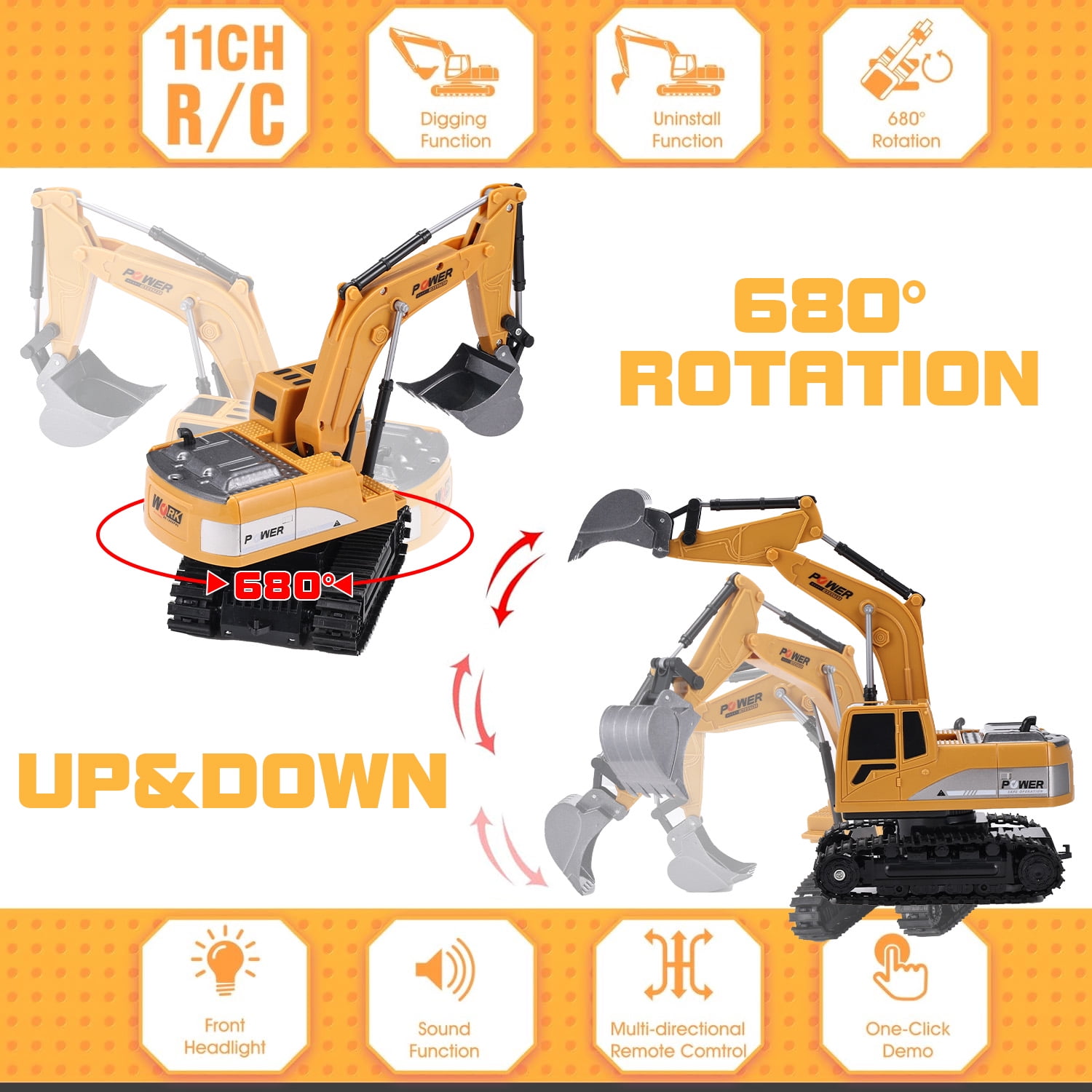 Zacro Remote Control Excavator Toy, 6-Channel RC Construction Truck with Metal Shovel, Lights and Sounds (Yellow, 1:24 Scale) 1h6nn