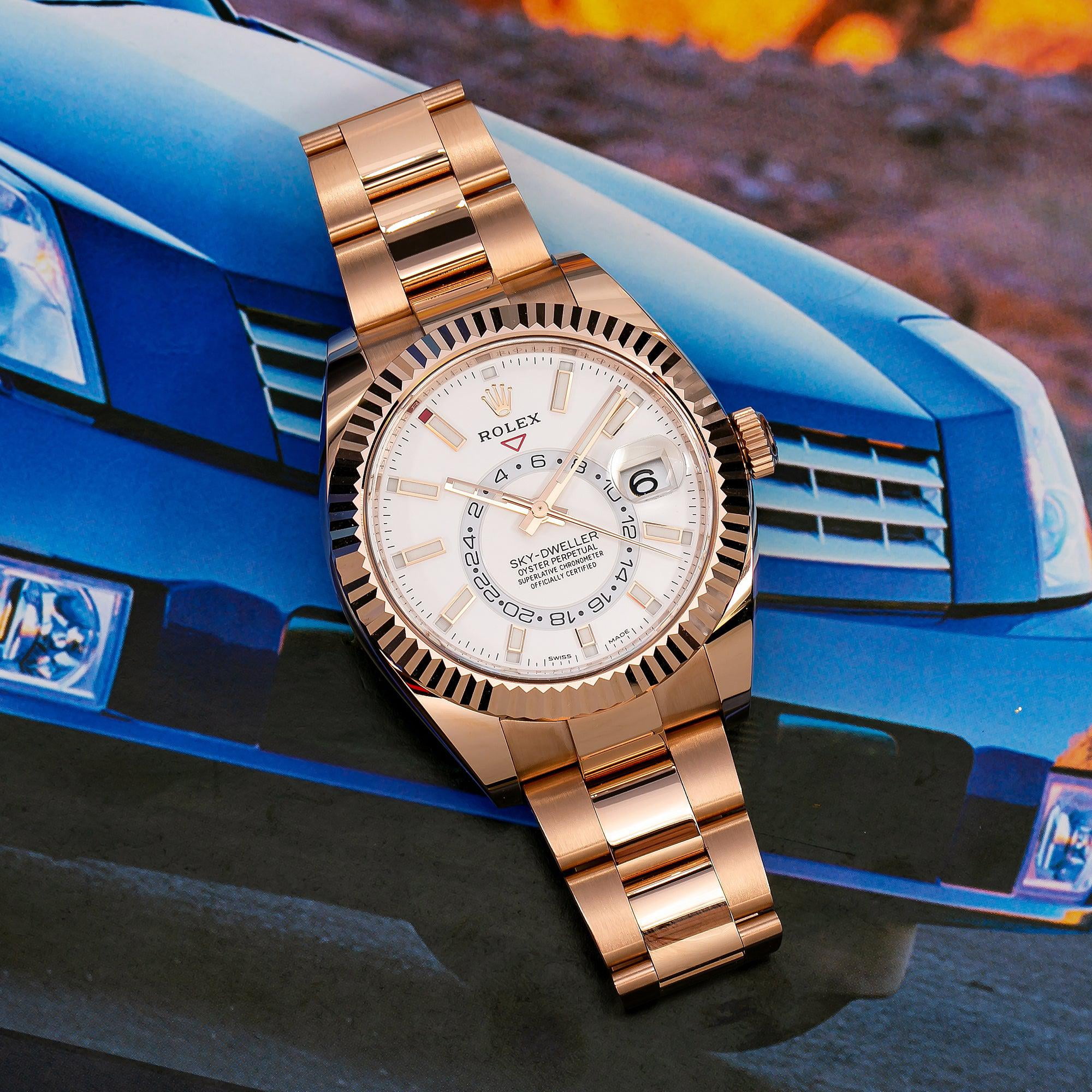 Rolex Sky-Dweller Watch 18K Rose Gold Fluted Bezel White Dial (42 in) 2nhv6