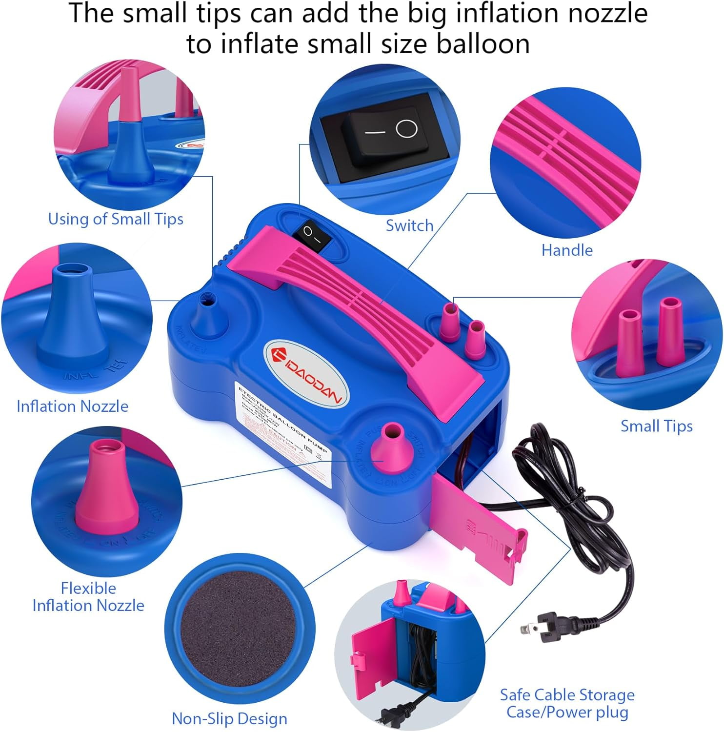 IDAODAN Electric Balloon Pump, Portable High-Speed Air Inflator for Party Decorations (Blue, 1.3 lb) yxhex