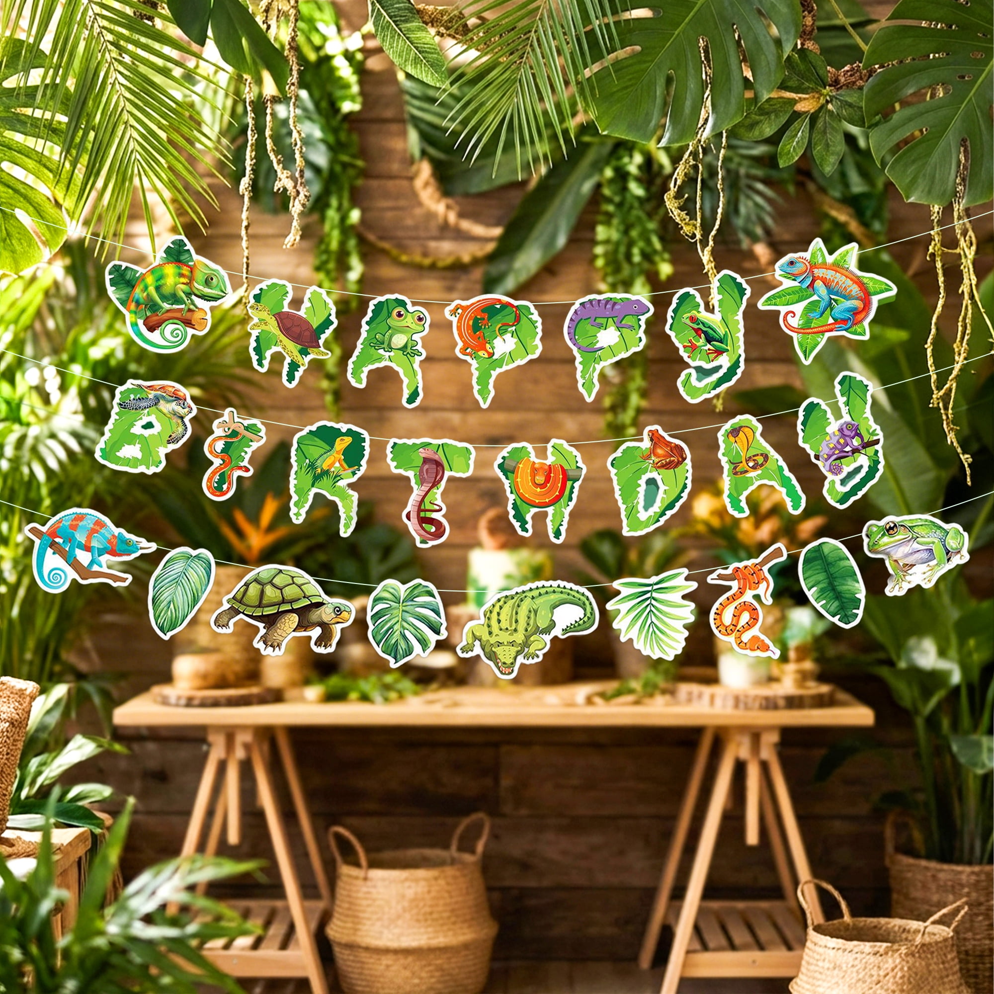 Bach And Boozy Reptile Birthday Banner Jungle Animal Theme Party Decorations (Green, 7.2 ft) hc150