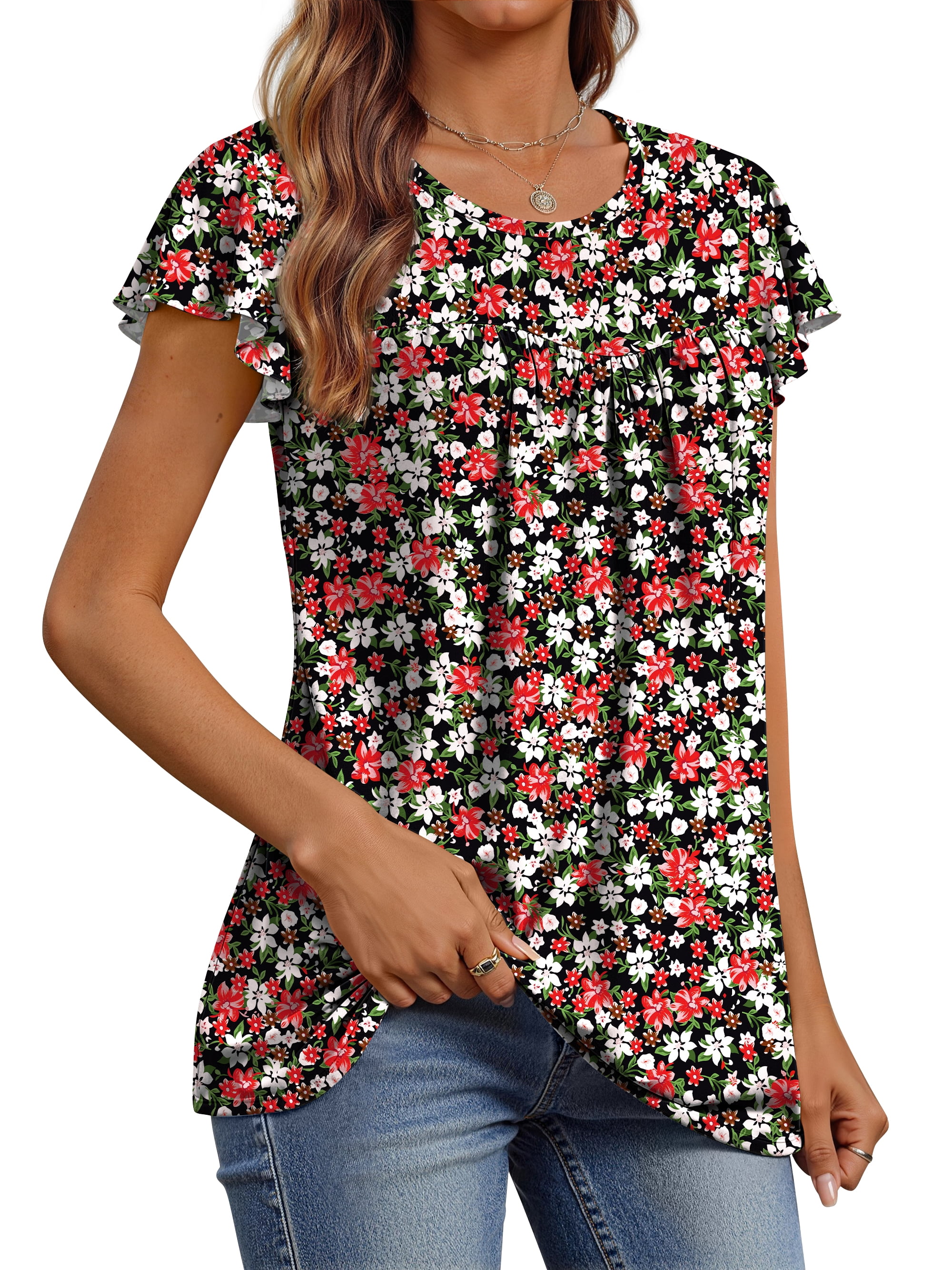Fantaslook Womens Floral Blouse Dressy Casual Pleated Tunic Top Ruffle Sleeve (White, L) 0h5c7