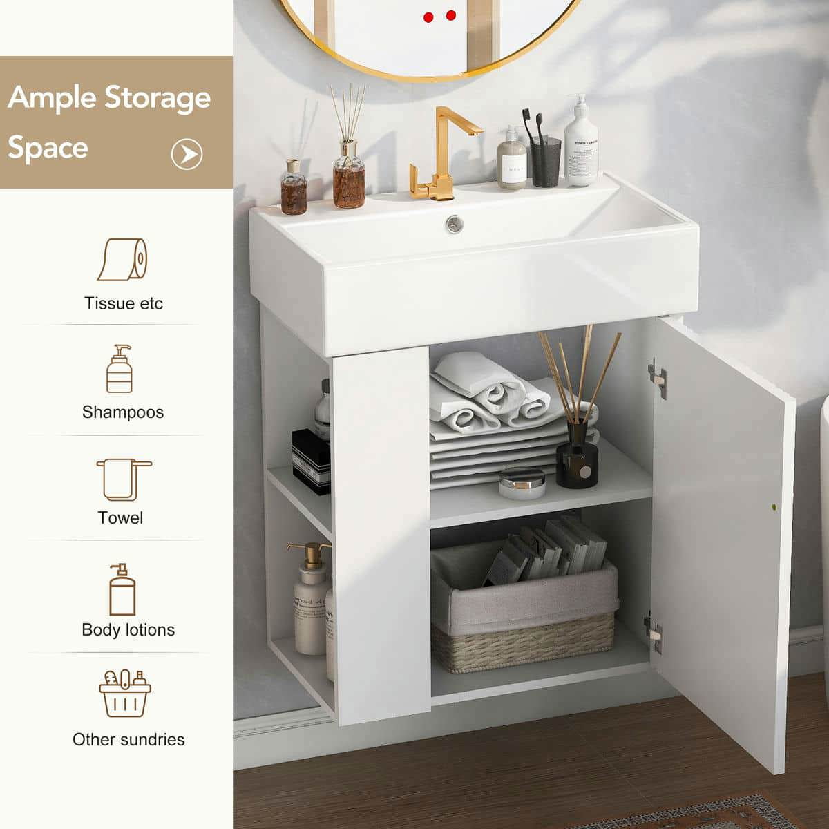 Kadyn Wall-Mount Bathroom Vanity, Modern Floating Vanity with Ceramic Basin and Left Side Storage (White, 21.6 in) 71b1h