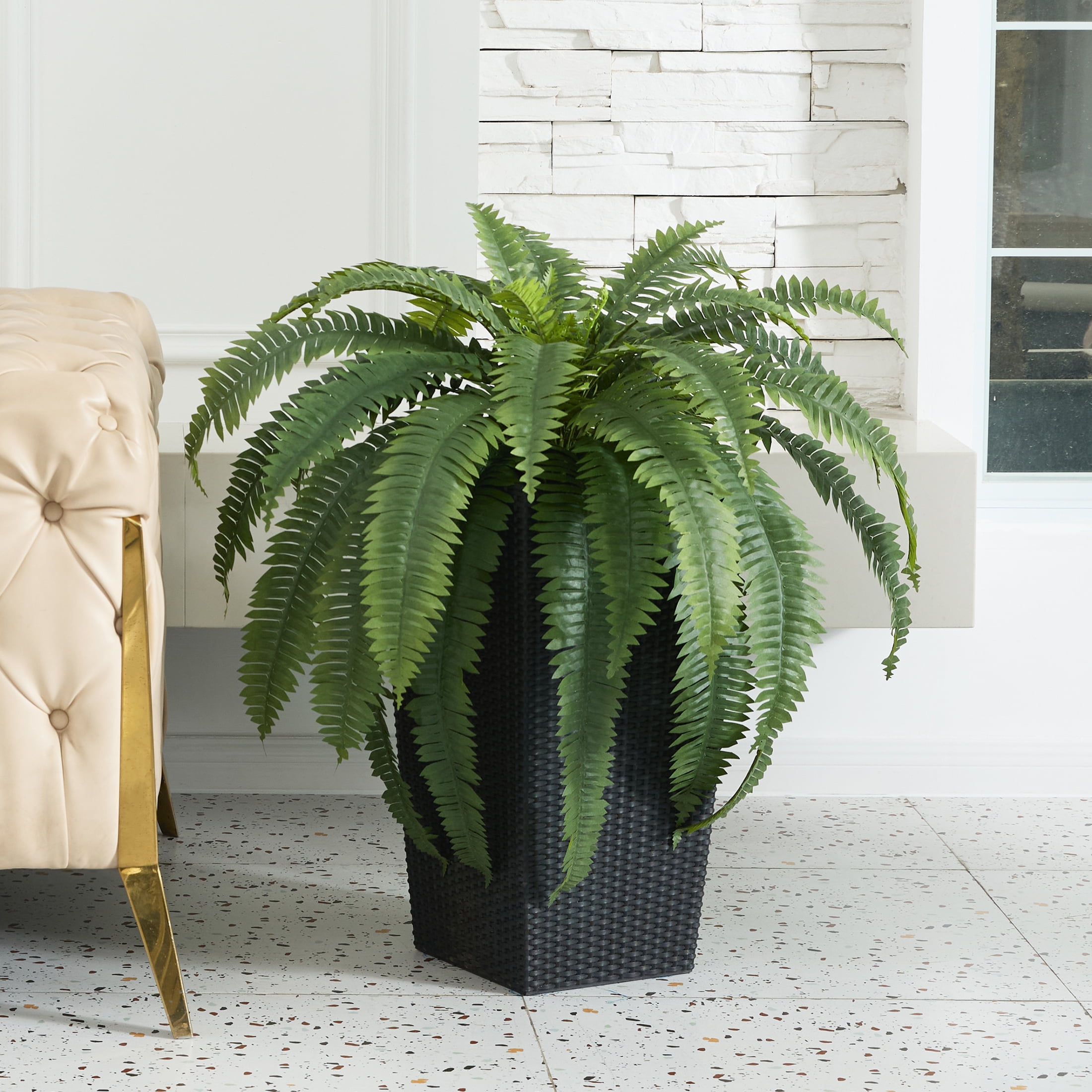 DR.Planzen Artificial Boston Fern Plant with Black Tapered Planter (Green, 39 Leaves) d9cir