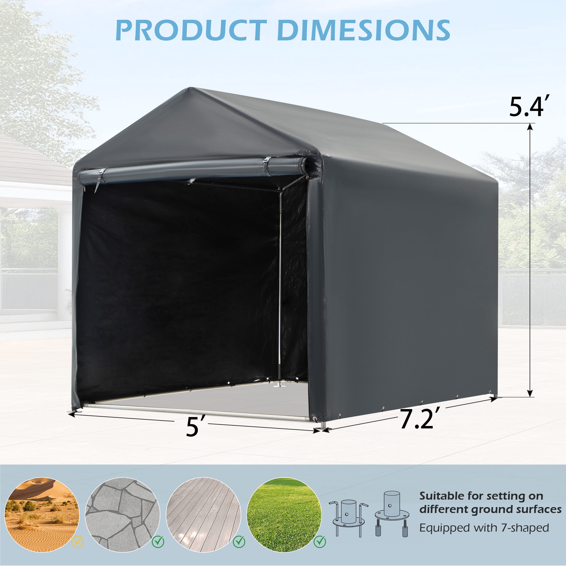 Erommy Outdoor Storage Shed, Heavy-Duty Portable Shelter with Zipper Door for Motorcycles and Garden Tools (Black, 7.2 ft x 5 ft x 5.4 ft) nj760