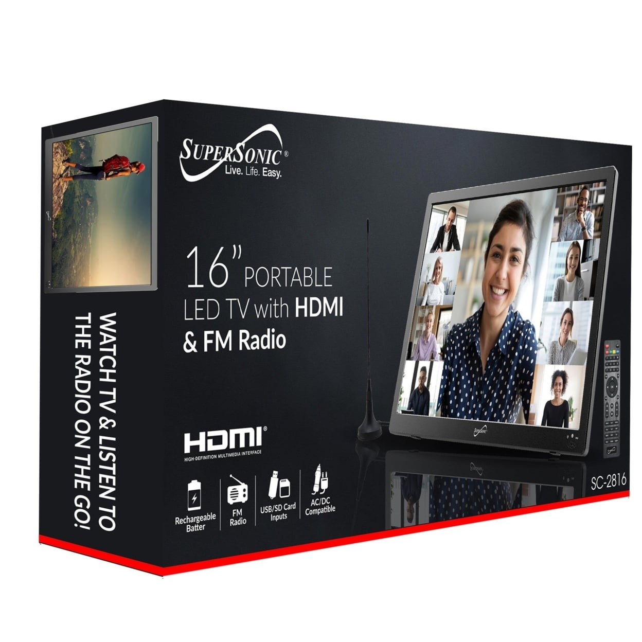 Supersonic 16-Inch Widescreen LED Portable TV with Rechargeable Battery, HDMI, USB, and FM Radio (Black, 16 in) hgony
