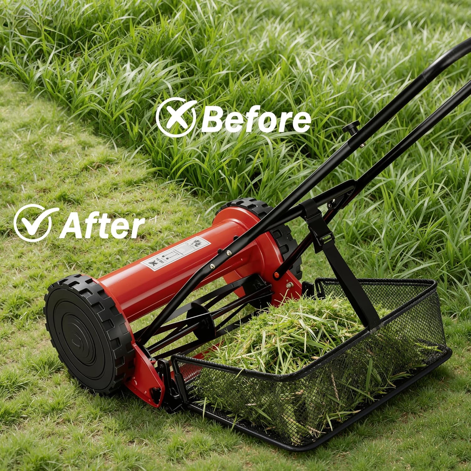 Juiluna 14 Inch Push Reel Lawn Mower, Manual Walk-Behind Mower with Grass Catcher, 5 Steel Blades, Adjustable Cutting Height (14 in) mu00r