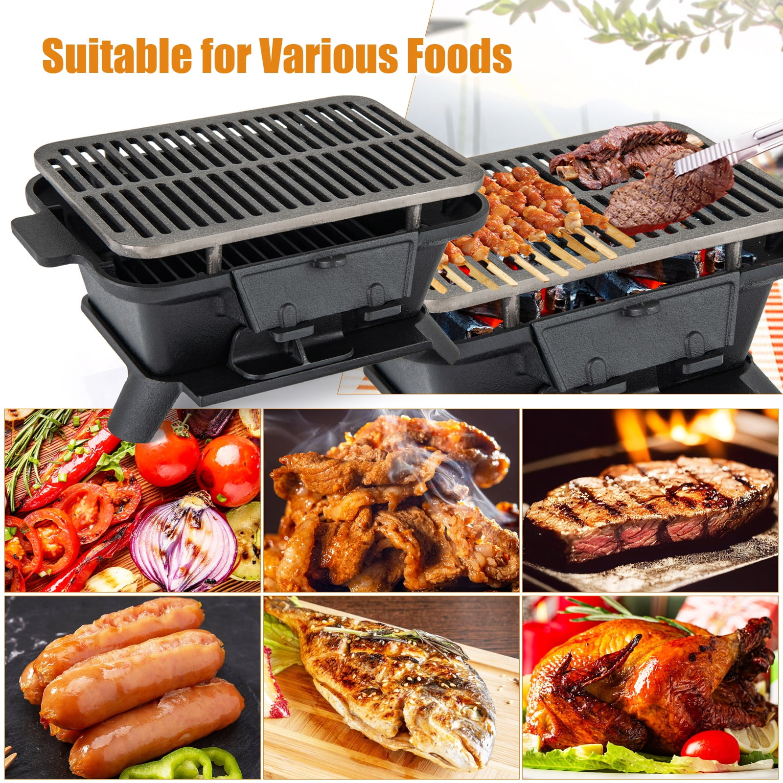 Topbuy Portable Heavy Duty Cast Iron Charcoal Grill Tabletop BBQ Stove (Black, 17 in x 10 in) zig26