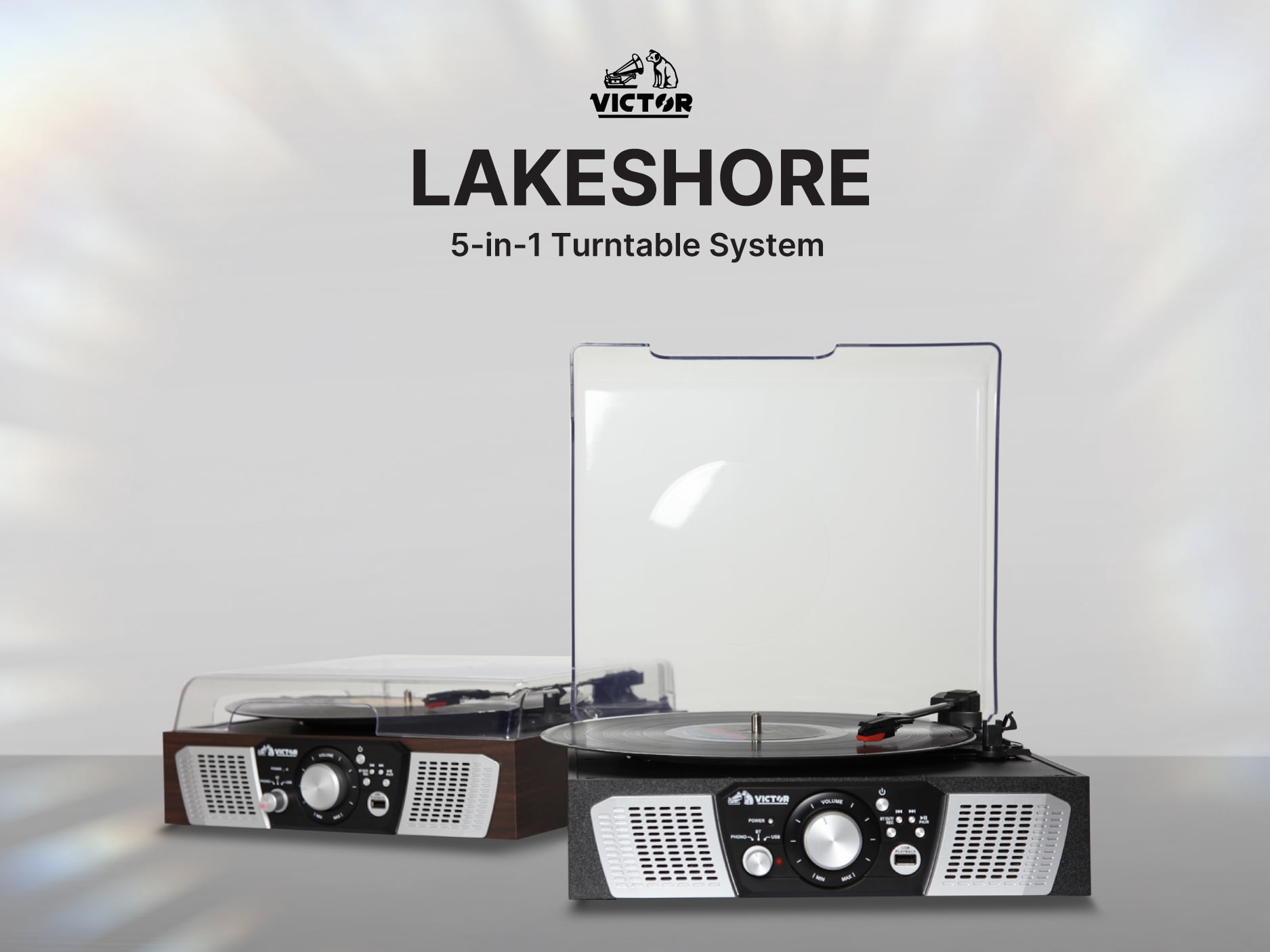 Victor Lakeshore 5-in-1 Turntable System with 3-Speed Record Player, Bluetooth, USB Recording, and Stereo Speakers (Black) 0k5pu