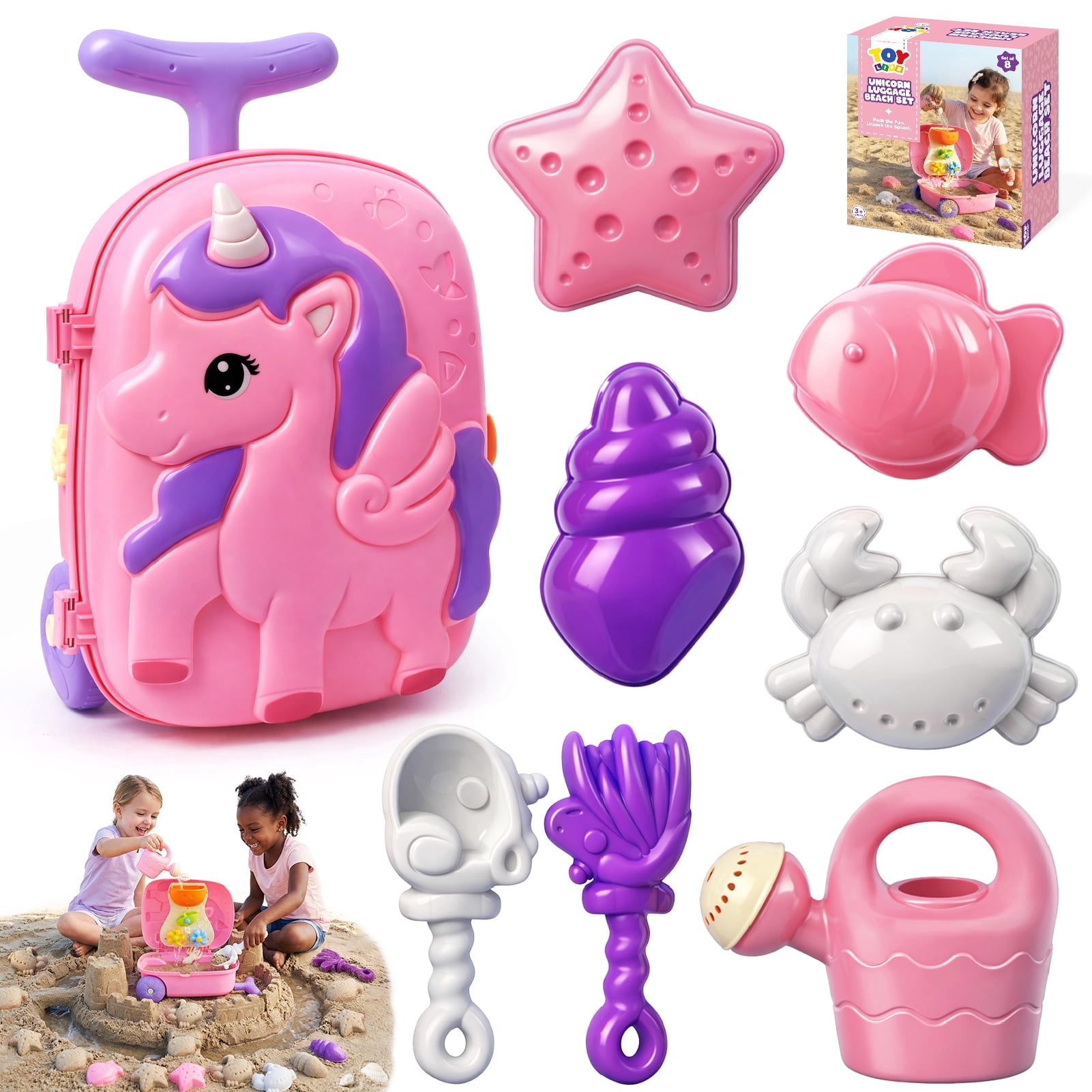 Toy Life Rolling Unicorn Sand Toy Set with Water Play Luggage (Pink, 8-Piece Set) z5nhs