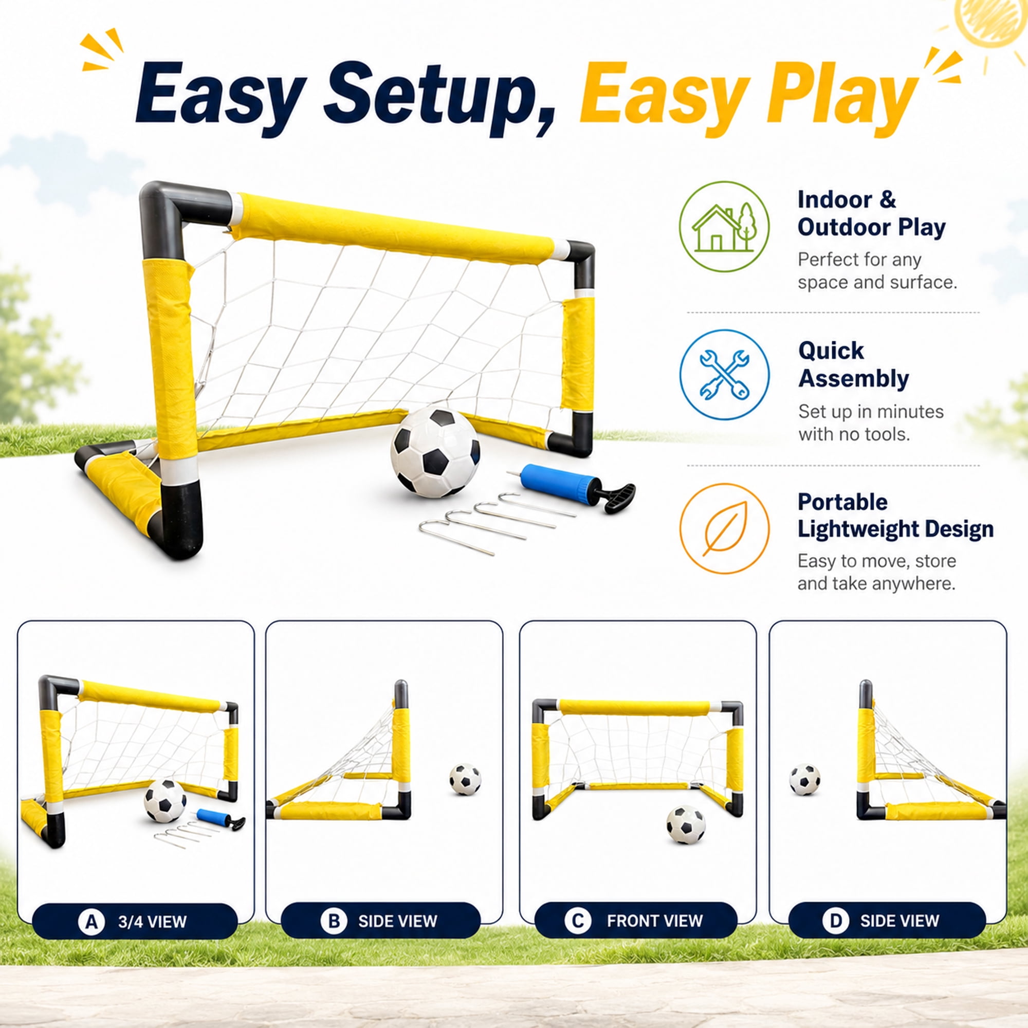 Blue Block Factory Kids Soccer Goal Set, Portable Backyard Sports Net with Ball and Pump (Yellow, 28 in) n9fxe