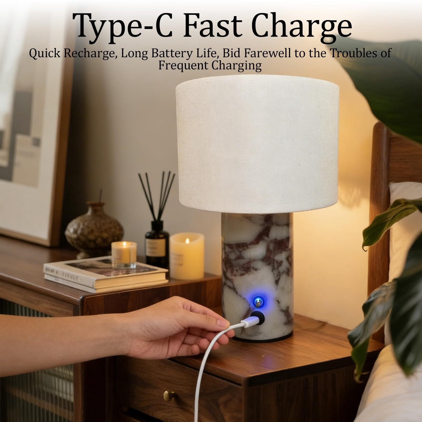 Generic Marble Table Lamp Rechargeable LED Nightstand Light with USB Port (White, 7 in x 10 in) jd5a4