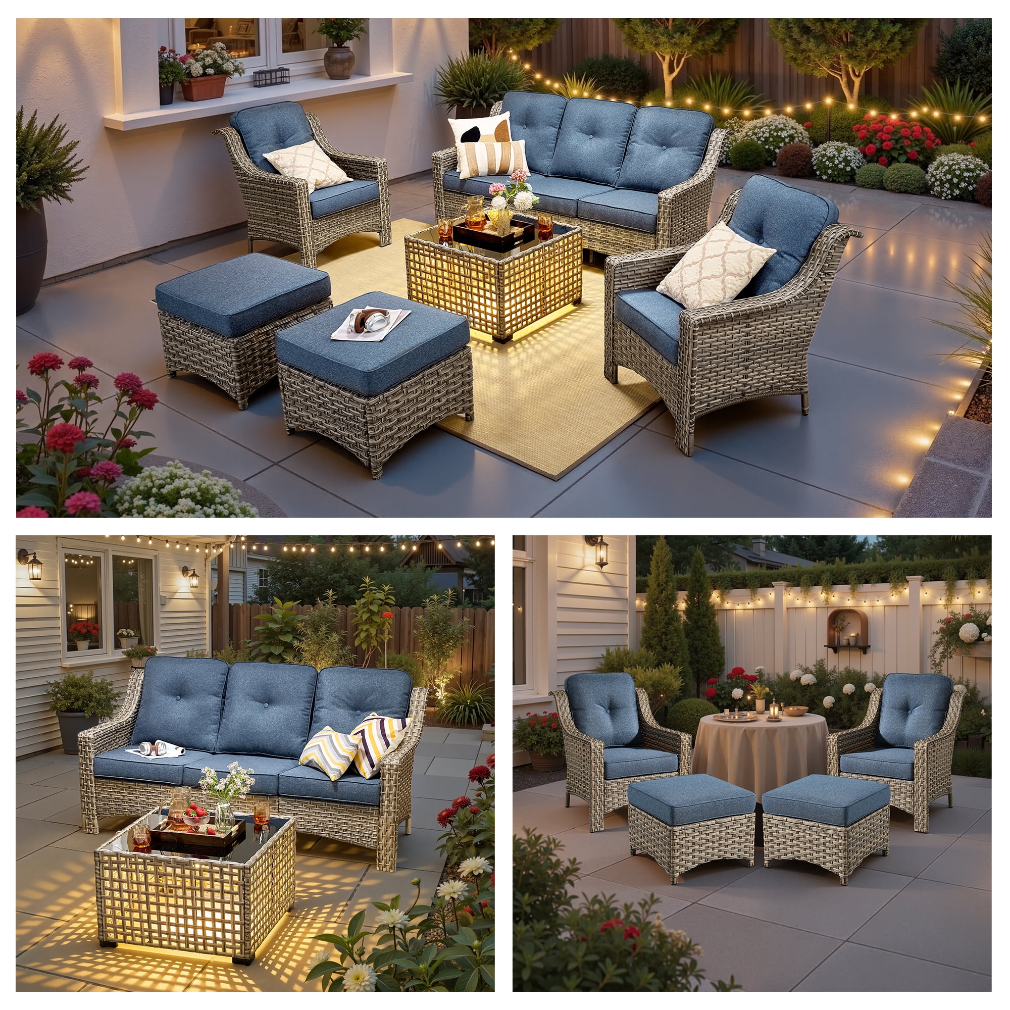 Ovios 6-Piece Outdoor Patio Furniture Set with Solar LED Coffee Table and High-Back Wicker Sofa (Denim Blue, 6-Piece Set) vwygz