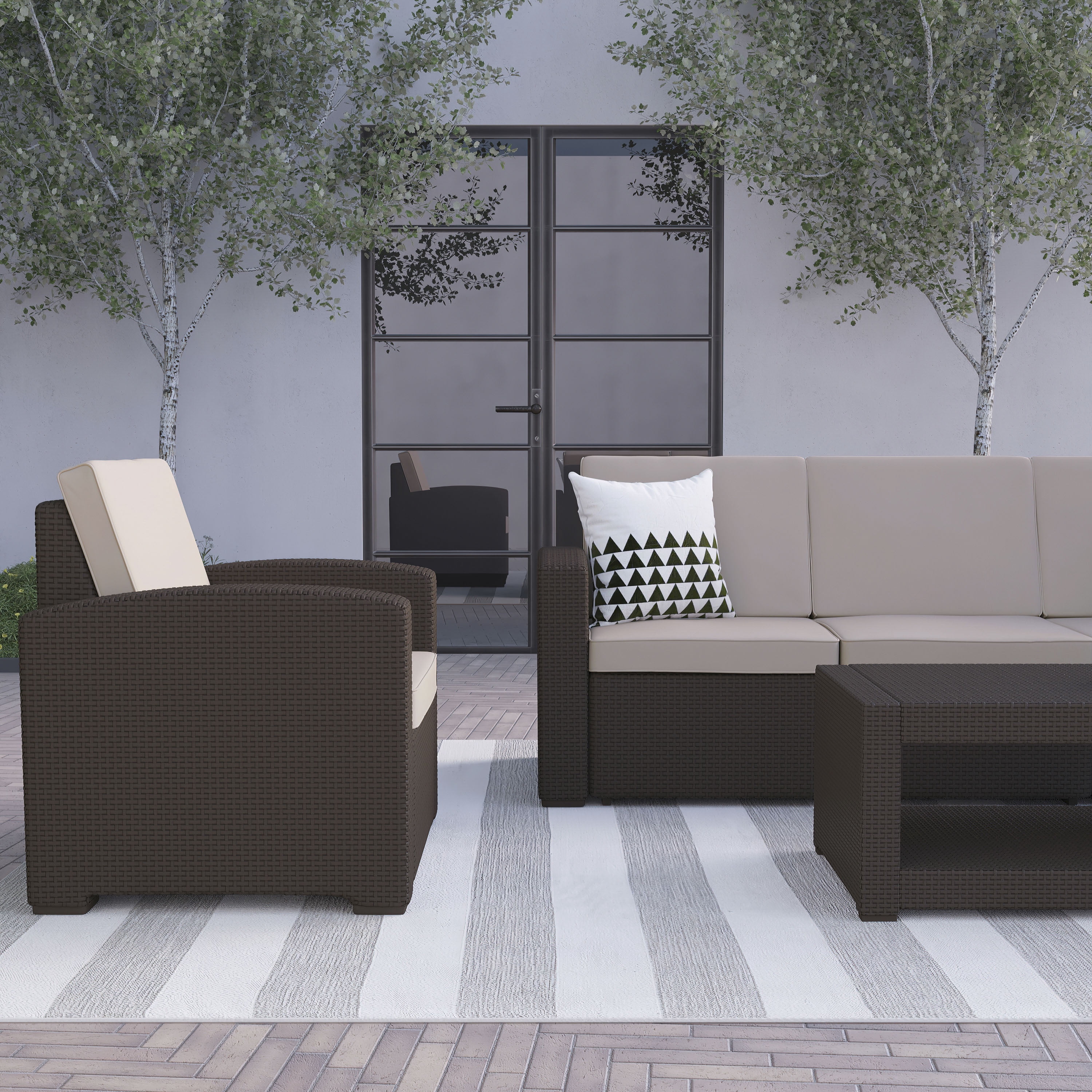 Flash Furniture Seneca 4 Piece Outdoor Faux Rattan Patio Conversation Set (Chocolate Brown, 4-Piece Set) q1jju