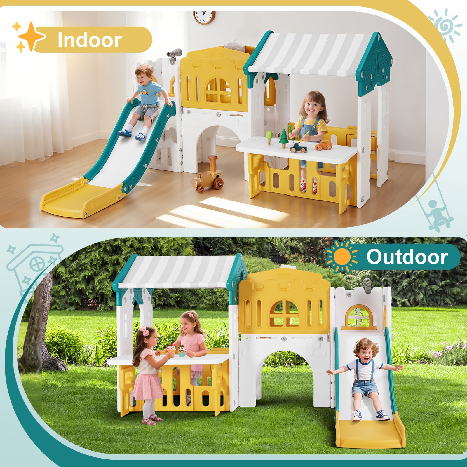 Joyldias 9-in-1 Toddler Slide and Playhouse Playset with Basketball Hoop and Climbing Ladder (Green, Yellow, White) k0fc2