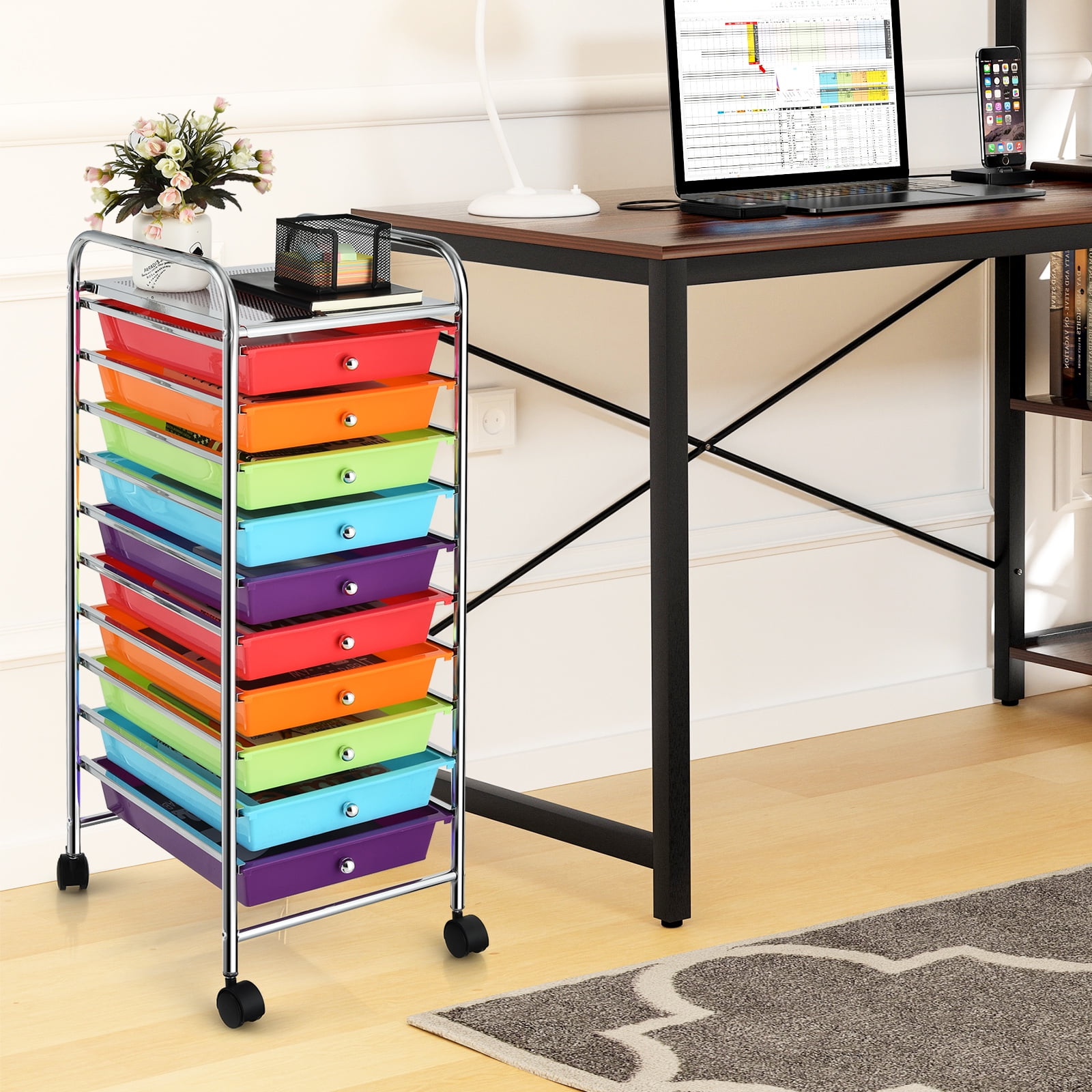 Costway Rolling Storage Cart with 10 Drawers, Mobile Organizer for Office and School (Multicolor, 38 in x 15 in x 13 in) 2wfoq