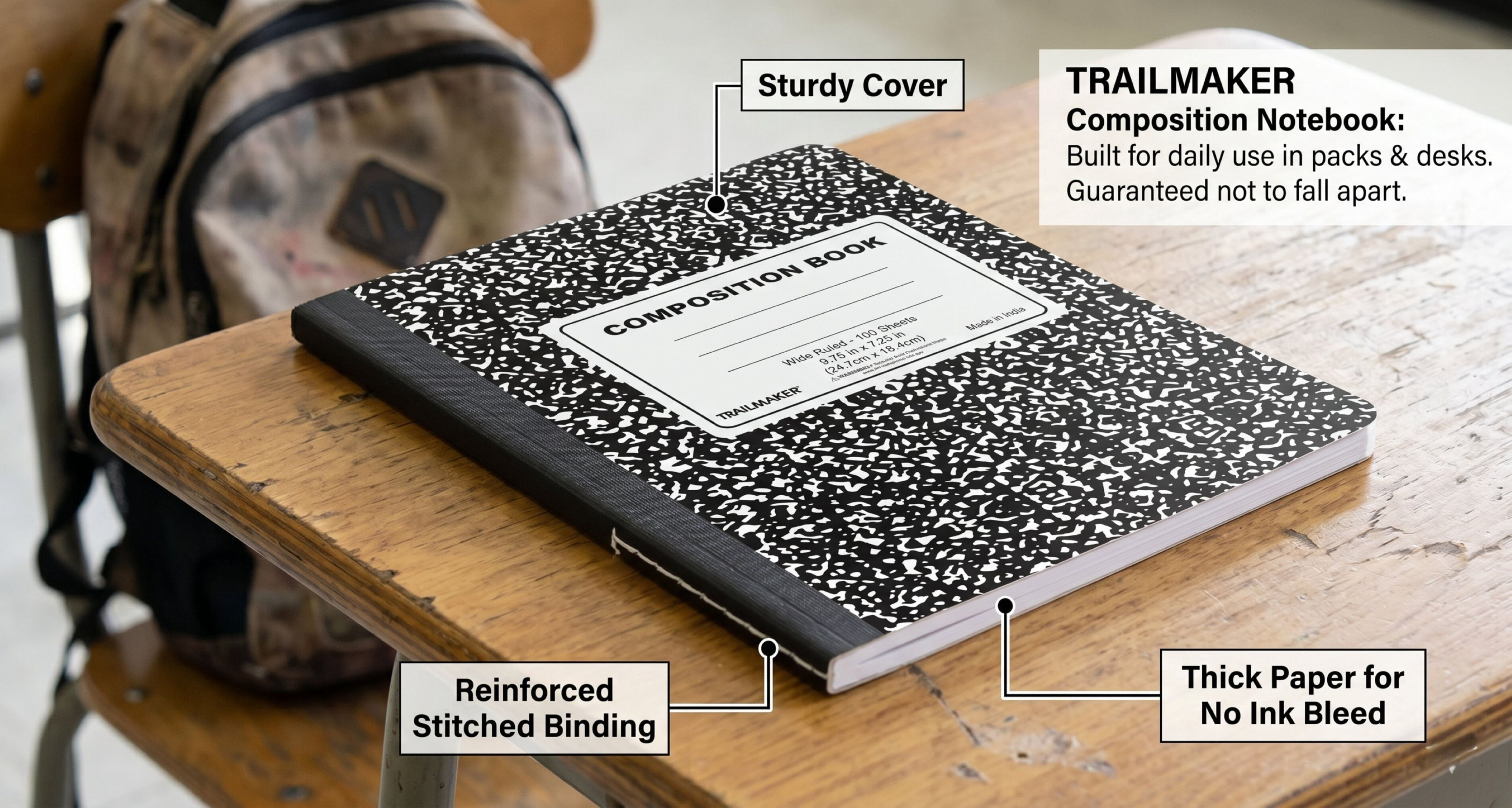 Trailmaker Wide Ruled Composition Notebooks, Durable Hardcover Journal for School and Office (Black, 50 Pack, 9.75 in x 7.5 in) 5hbjc