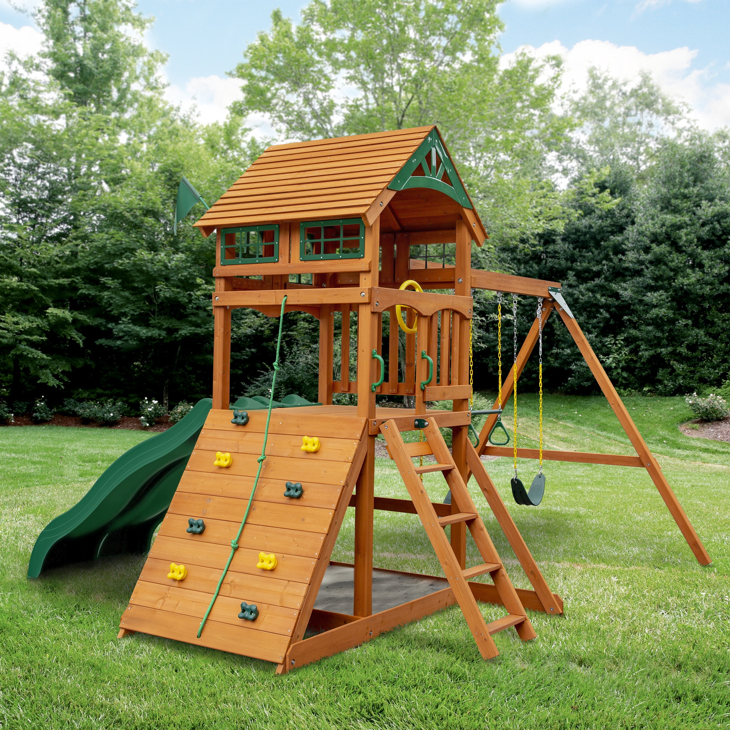 Gorilla Playsets Avalon Wooden Swing Set with Dual Slides and Climbing Rock Wall (Amber, 1 Unit) pfgpi