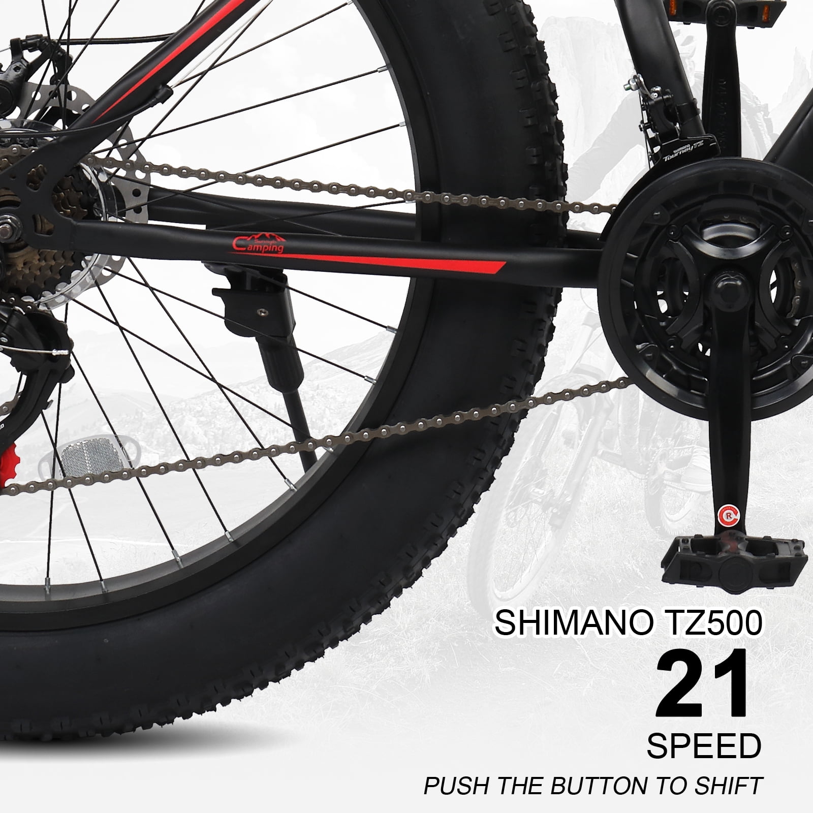Camping Survival 26in Fat Tire Mountain Bike, 21-Speed Shimano Drivetrain, High Carbon Steel Frame (Red/Black, 26 in) o2xjj